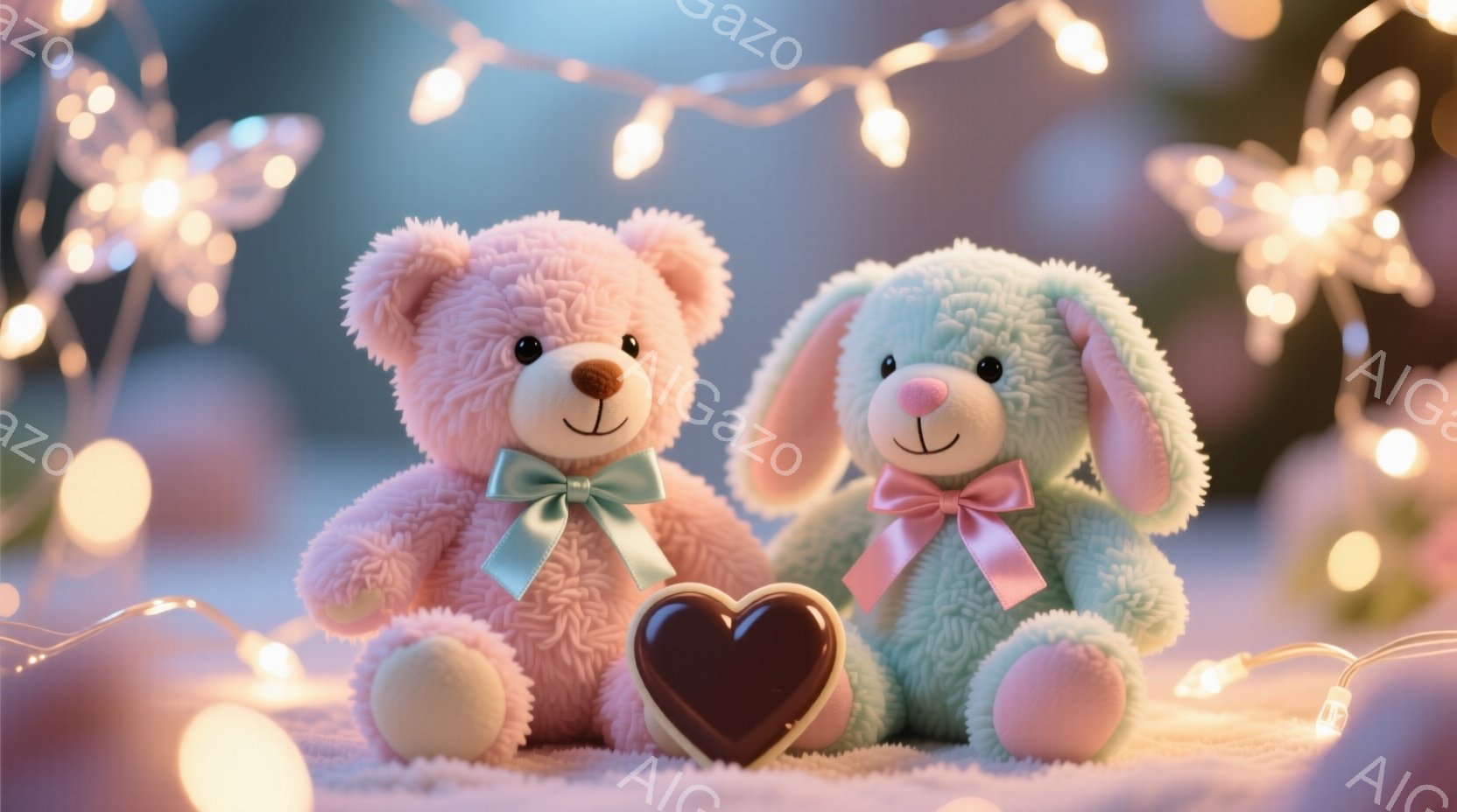 薄いピンク色のクマのぬいぐるみと水色のウサギのぬいぐるみが寄り添って座っており、それぞれ首に淡い緑色とピンク色のリボンをつけています。二体のぬいぐるみの間にはチョコレートのハートが置かれており、背景にはぼんやりとした光のストリングライトが飾られています。全体的に、甘くてロマンチックな雰囲気が漂っています。