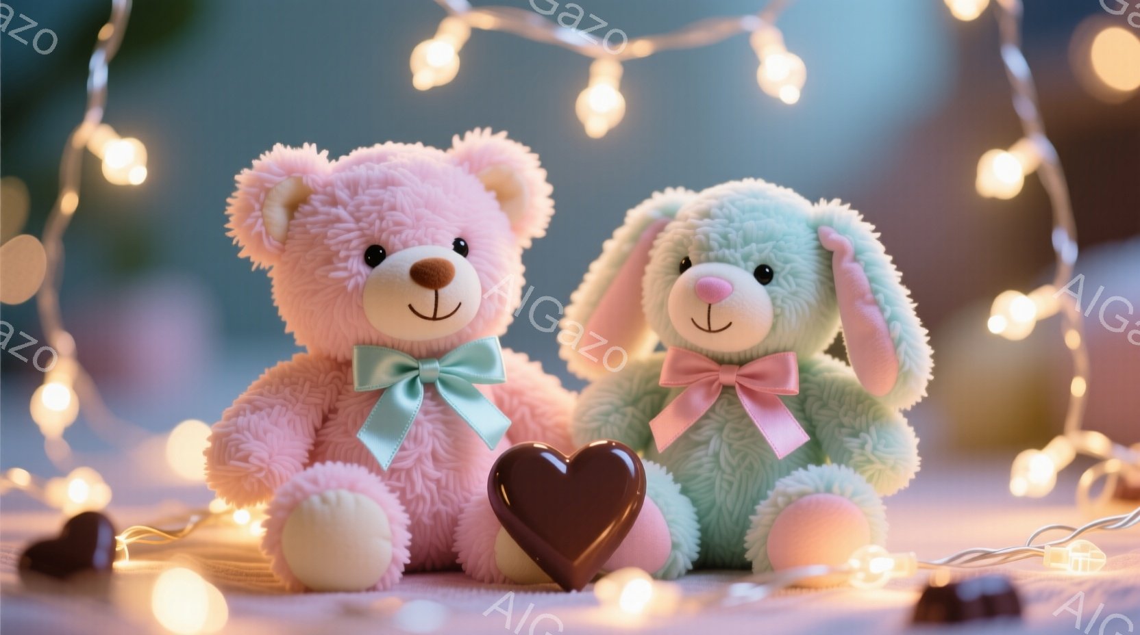 薄いピンク色のテディベアと水色のウサギのぬいぐるみは、同じようにピンクのリボンを首につけ、正面を向いています。ぬいぐるみの間にはチョコレートのハートが置かれ、背景にはぼやけた電飾が輝いており、暖かくロ - AI生成フリー素材