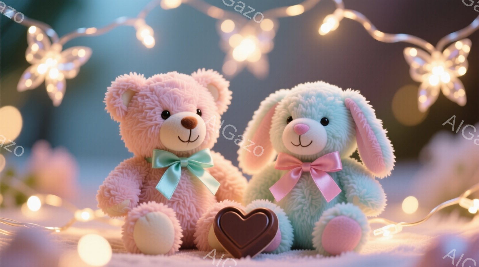 淡いピンク色のクマのぬいぐるみと水色のウサギのぬいぐるみが並んで座っており、それぞれ首に薄い緑色とピンク色のリボンが結ばれています。二体のぬいぐるみの間にはチョコレートのハートが置かれ、背景にはぼんや - AI生成フリー素材