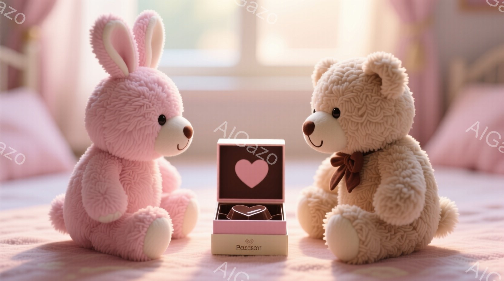 ふわふわのピンク色のウサギのぬいぐるみと、茶色のクマのぬいぐるみが対面して座っています。ウサギは左側に、クマは右側に位置し、その間にピンク色のハート型のチョコレートが入った箱が置かれています。背景は柔 - AI生成フリー素材