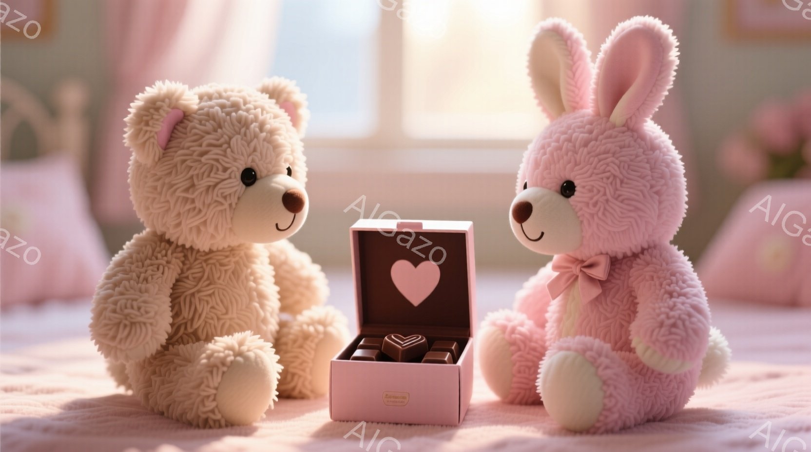 ぬいぐるみのクマとウサギが、ハート型のチョコレートが入った開いた箱を前に座っています。クマは茶色で、ウサギは薄いピンク色で、それぞれリボンをつけています。背景は淡いピンク色のベッドで、全体的に柔らかく - AI生成フリー素材