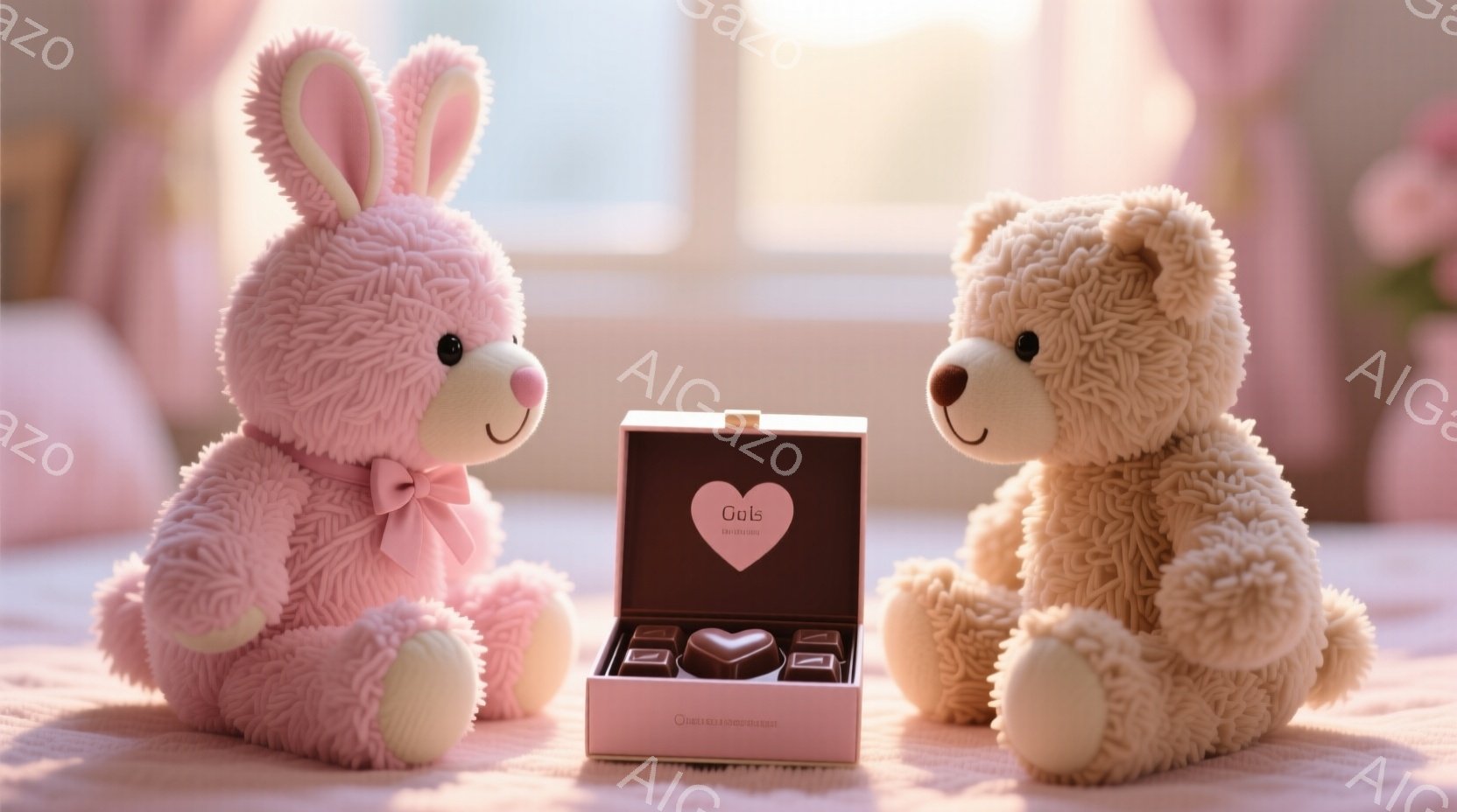 ピンク色のふわふわしたウサギのぬいぐるみと、茶色のクマのぬいぐるみが、開いたチョコレートの箱を挟んで向かい合っています。ウサギはピンクのリボンをつけており、クマは優しい表情をしています。背景にはぼやけ - AI生成フリー素材