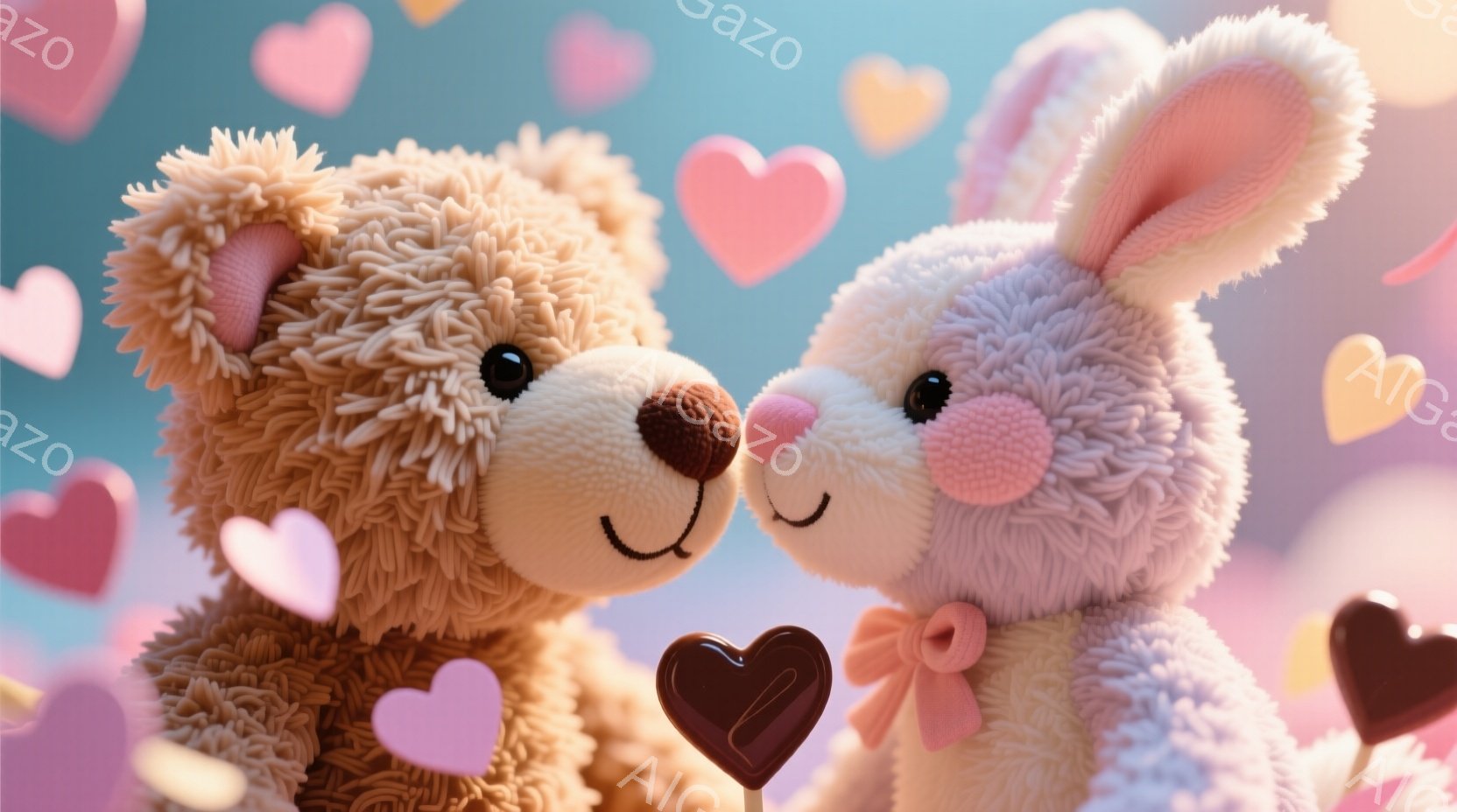 ふわふわのテディベアとウサギのぬいぐるみのお互いに顔を寄せ合う姿が描かれています。ウサギのぬいぐるみはピンクのリボンをつけており、テディベアは少しだけ口角が上がった優しい表情をしています。背景にはピン - AI生成フリー素材