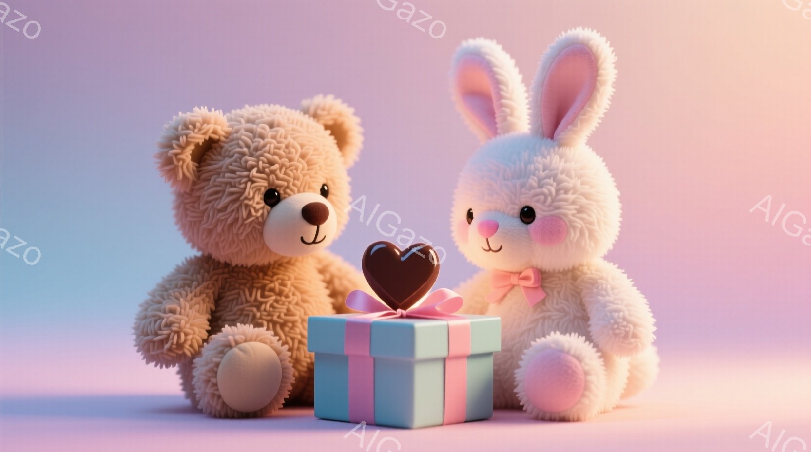 ふわふわの茶色のテディベアと白いウサギのぬいぐるみは、ピンクのリボンで飾られた水色のギフトボックスを挟んで座っています。ギフトボックスの上にはチョコレート色のハート型の飾りがあり、二匹は箱の方を見てい - AI生成フリー素材