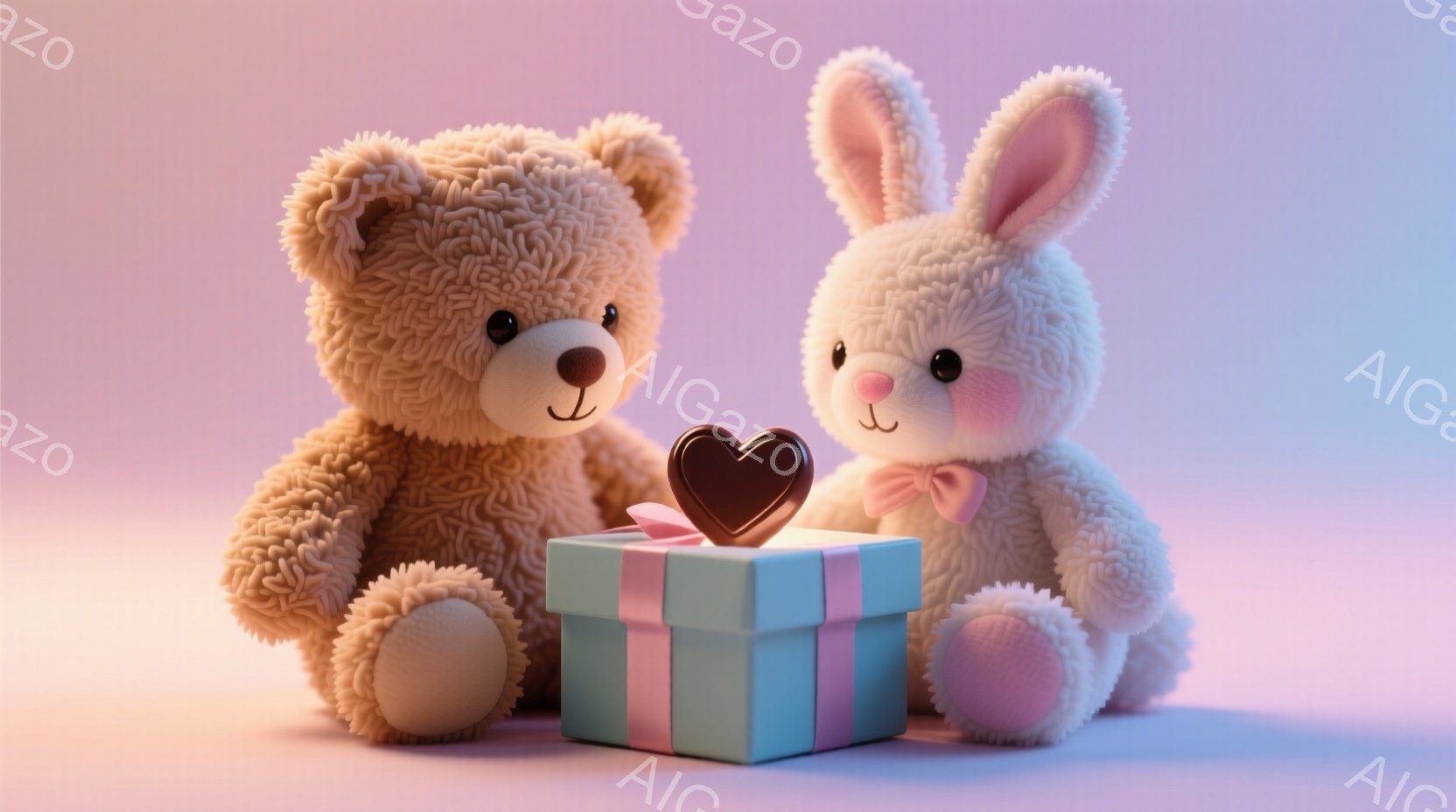 ふわふわのテディベアとウサギのぬいぐるみは、パステルブルーのプレゼントボックスの前に座っています。プレゼントボックスはピンクのリボンで飾られており、中にはチョコレートのようなハート型のものが覗いていま - AI生成フリー素材