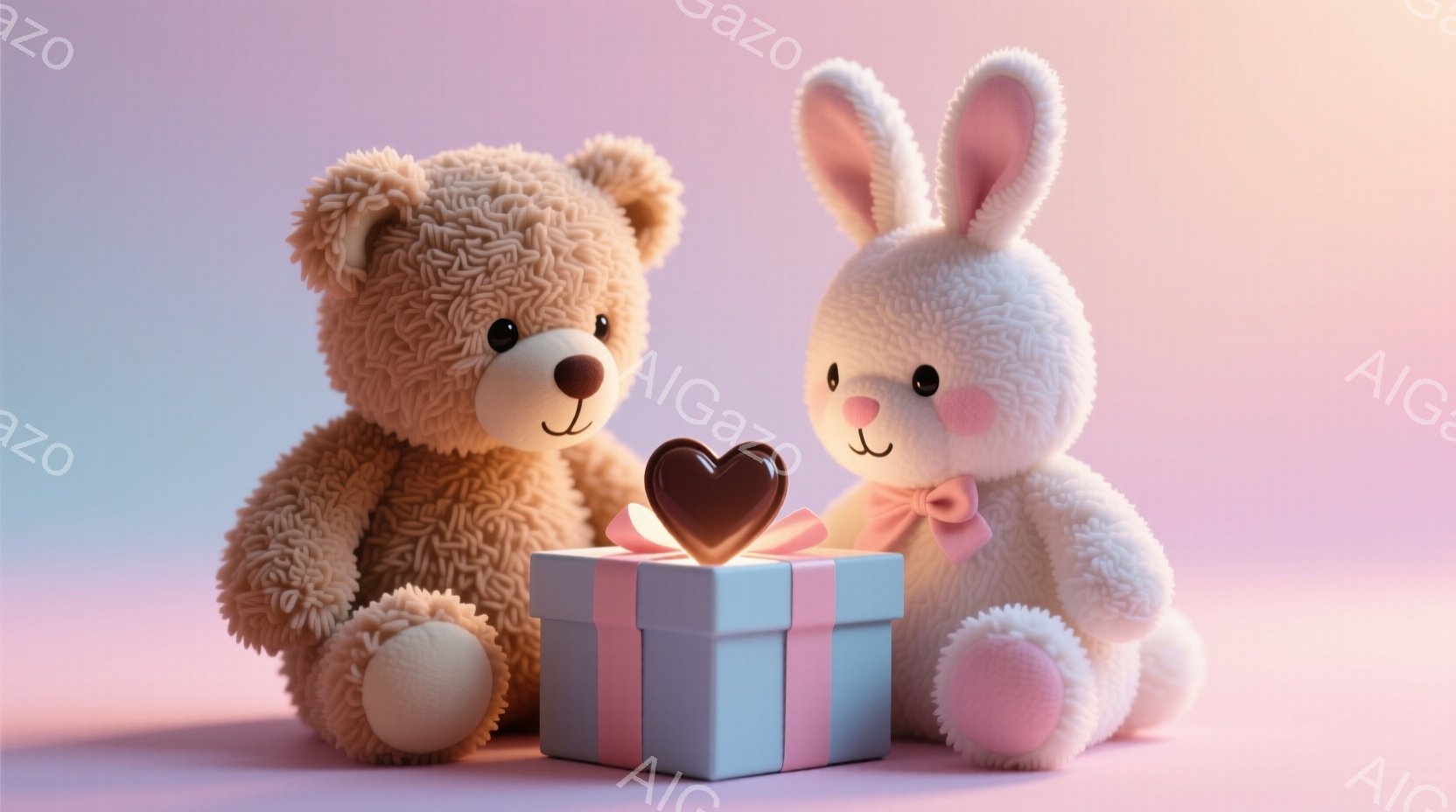 ぬいぐるみである茶色のクマと白いウサギが、ピンクと水色のギフトボックスを挟んで座っています。ギフトボックスには赤いハート型のチョコレートが乗っており、ウサギはピンク色のリボンをつけています。背景は淡い - AI生成フリー素材