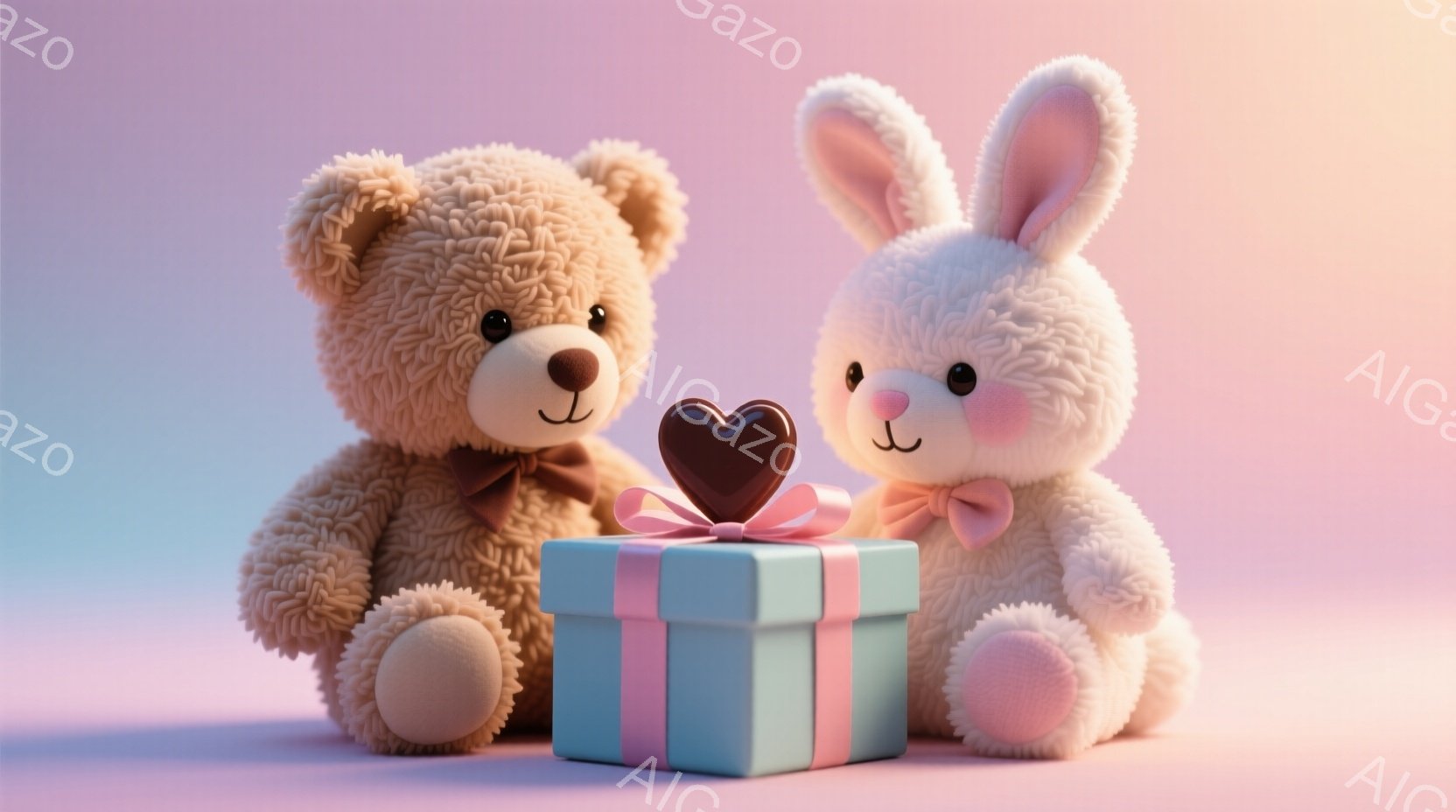 優しいピンク色の背景に、茶色のテディベアと白いウサギのぬいぐるみが並んでいます。それぞれのぬいぐるみは茶色と白の小さなリボンで飾られており、正面には赤いハート型のチョコレートが入った水色のギフトボック - AI生成フリー素材