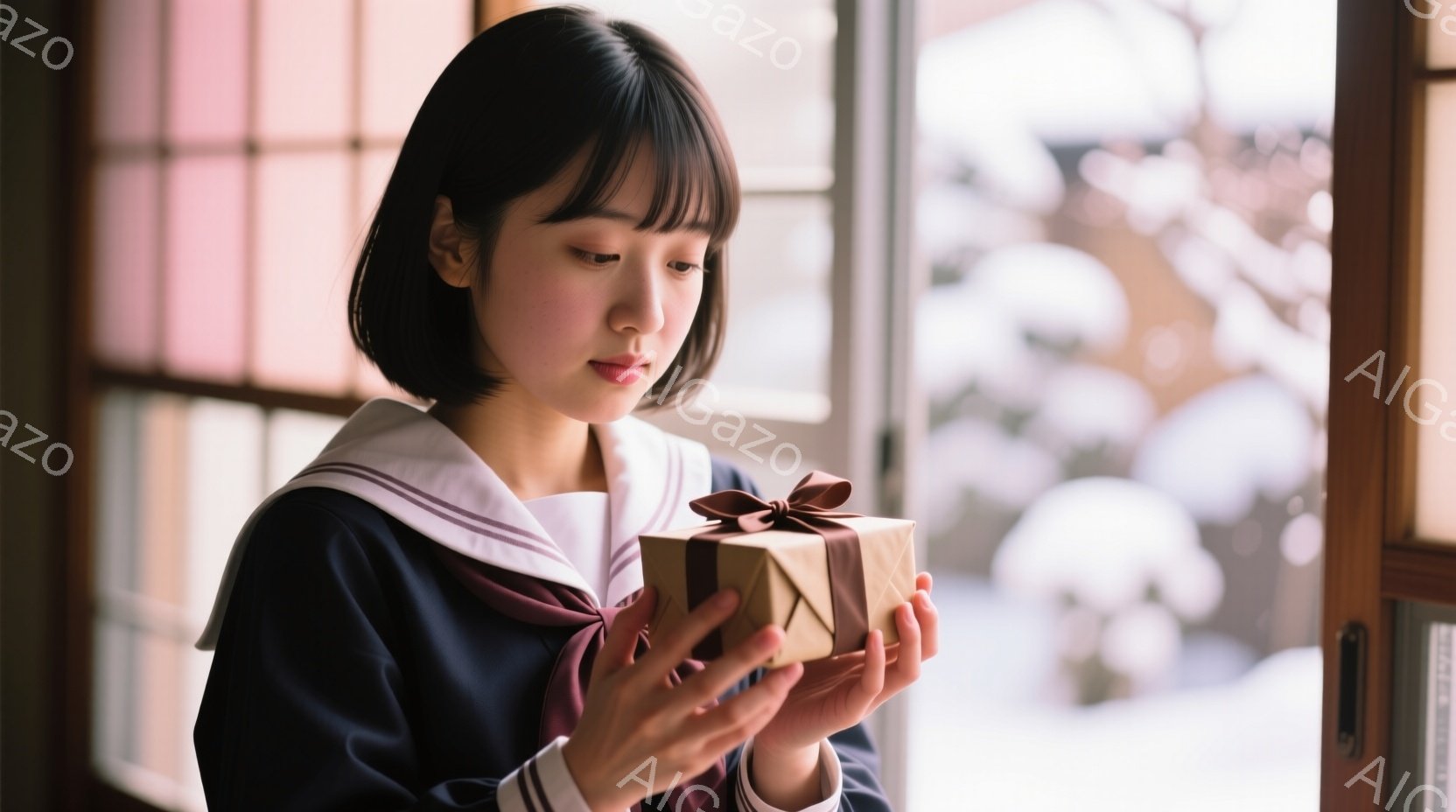 セーラー服を着た若い女性が、茶色のリボンで結ばれた小さなギフトボックスを両手で抱えています。彼女はわずかに微笑み、優しい表情でギフトボックスを見つめています。背景には木造の家と雪景色が見え、全体的に穏 - AI生成フリー素材