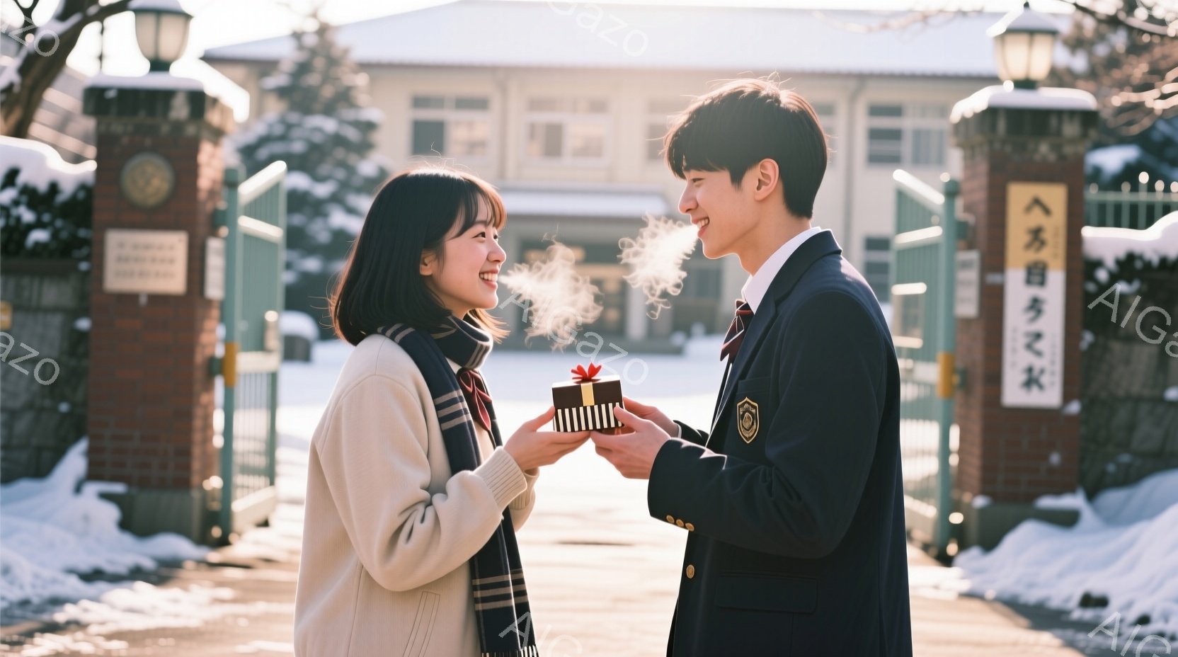 画像には、制服を着た若い男女が写っています。女性はクリーム色のセーターにストライプのショールを巻いており、笑顔でプレゼントを受け取ろうとしています。男性は黒いブレザーを着て、プレゼントを差し出しながら嬉しそうに微笑んでいます。背景にはレンガ造りの建物と雪景色が広がり、冬の暖かくロマンチックな雰囲気が漂っています。