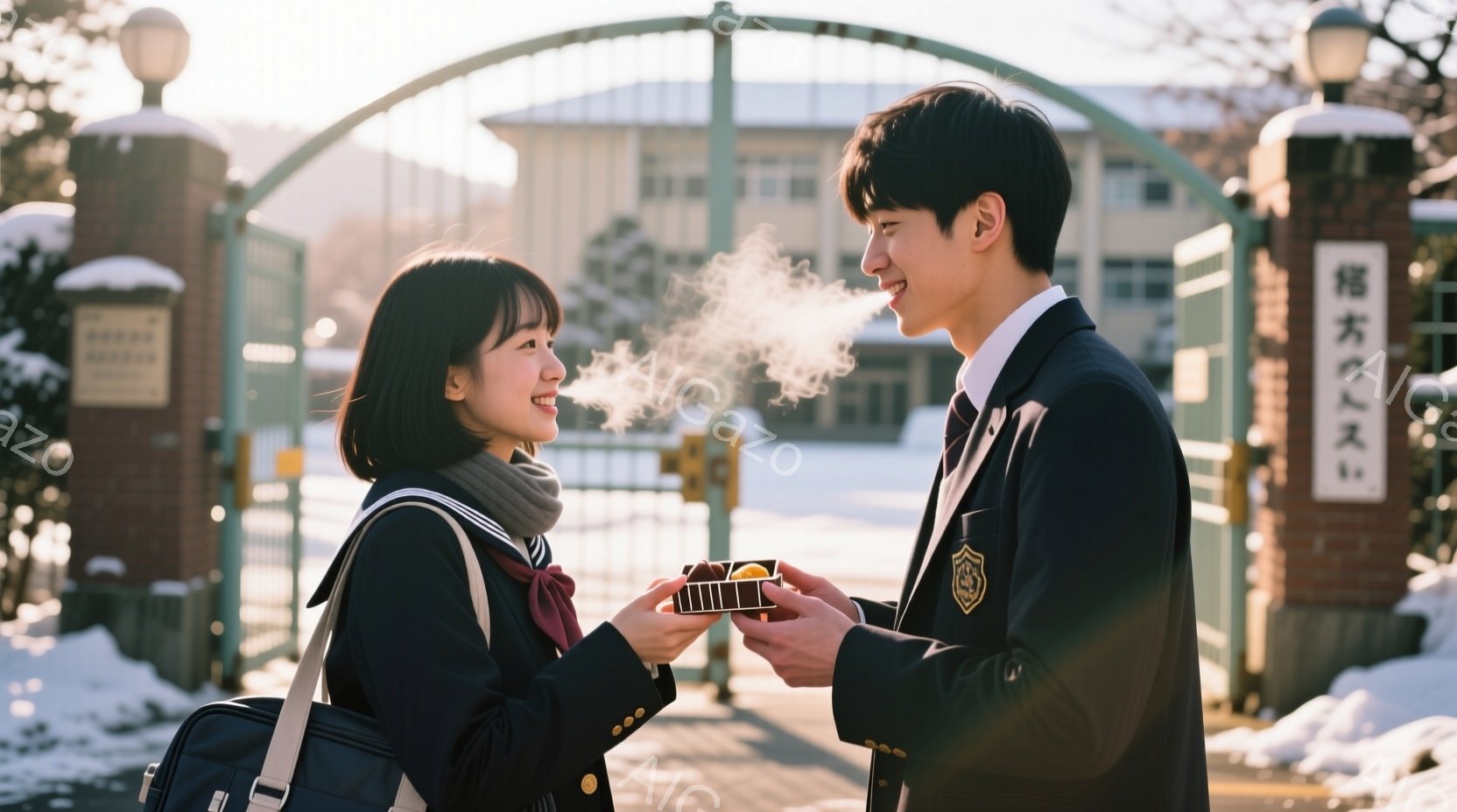 制服を着た女子生徒と男子生徒が正面を向き合っています。女子生徒は短い茶髪で、笑顔で温かい飲み物を受け取ろうとしています。背景には雪景色とレンガ造りの建物があり、冬の日の穏やかで温かい雰囲気が漂っています。