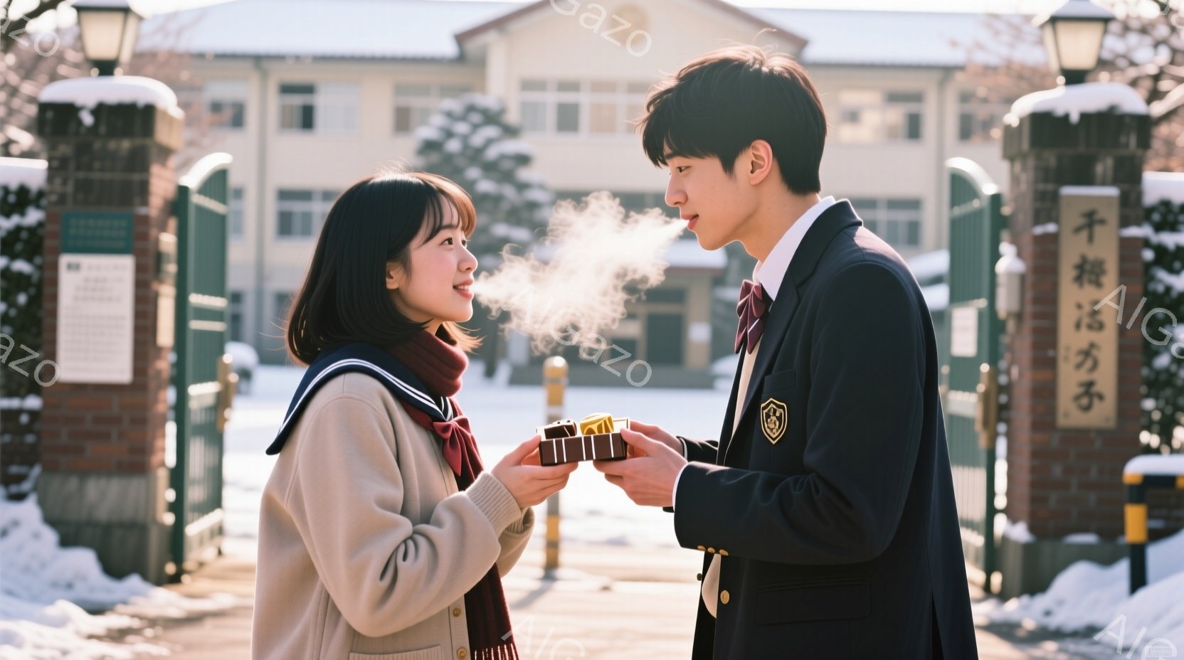 画像には、若い男女が雪景色の中で向かい合っている様子が写っています。女性はベージュのセーターに白い襟のシャツを着ており、ショートヘアで、何かを差し出そうとしています。男性は制服を着ており、女性から受け取るような姿勢で立っており、背景にはレンガ造りの建物と雪に覆われた木々が見えます。