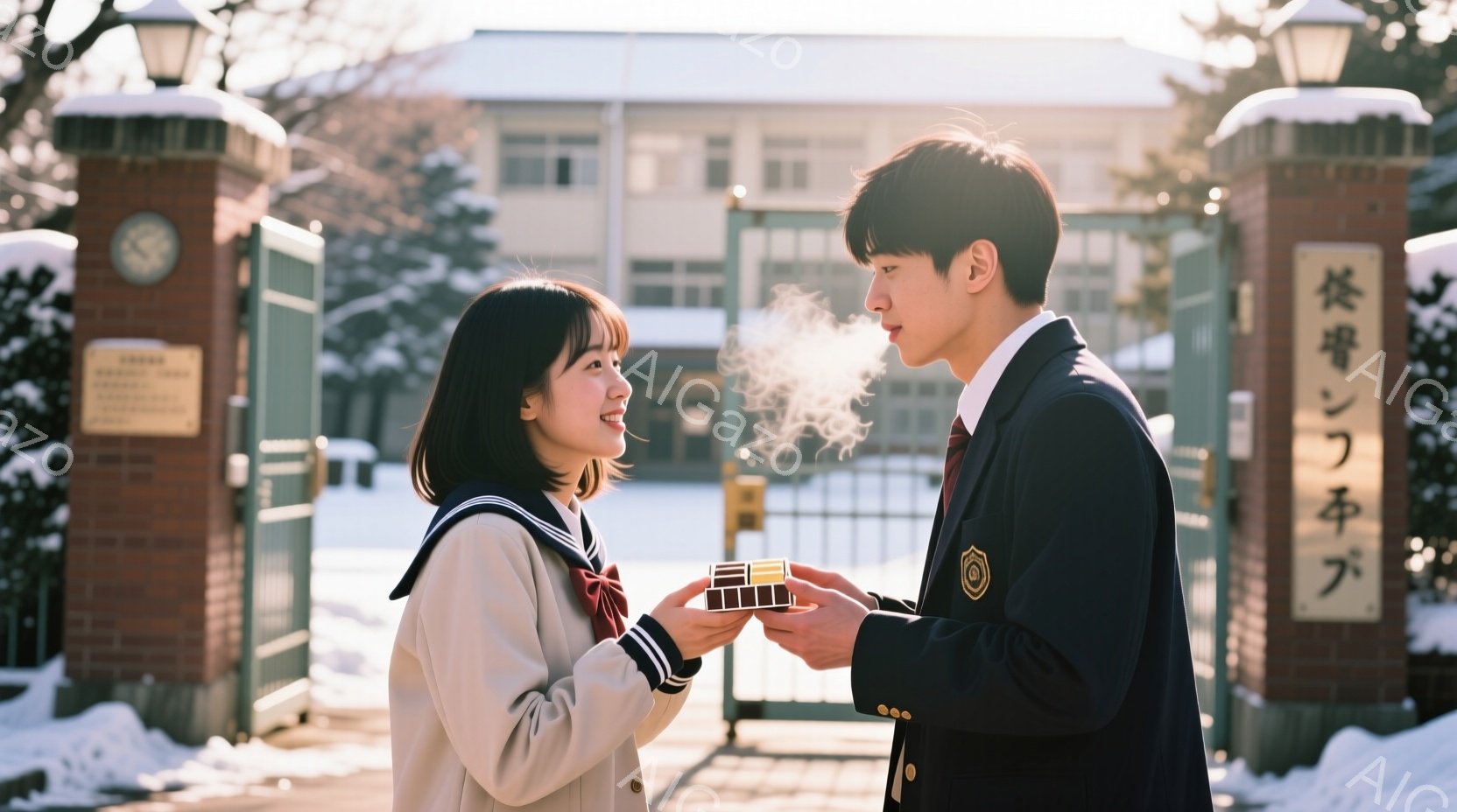 画像には、制服を着た若い男女が写っています。女性は茶色の髪を肩まで伸ばし、笑顔で男性を見上げています。男性は黒い制服を着ており、チョコレートを女性に差し出しています。背景にはレンガ造りの建物と雪景色が広がり、冬の穏やかな雰囲気を醸し出しています。