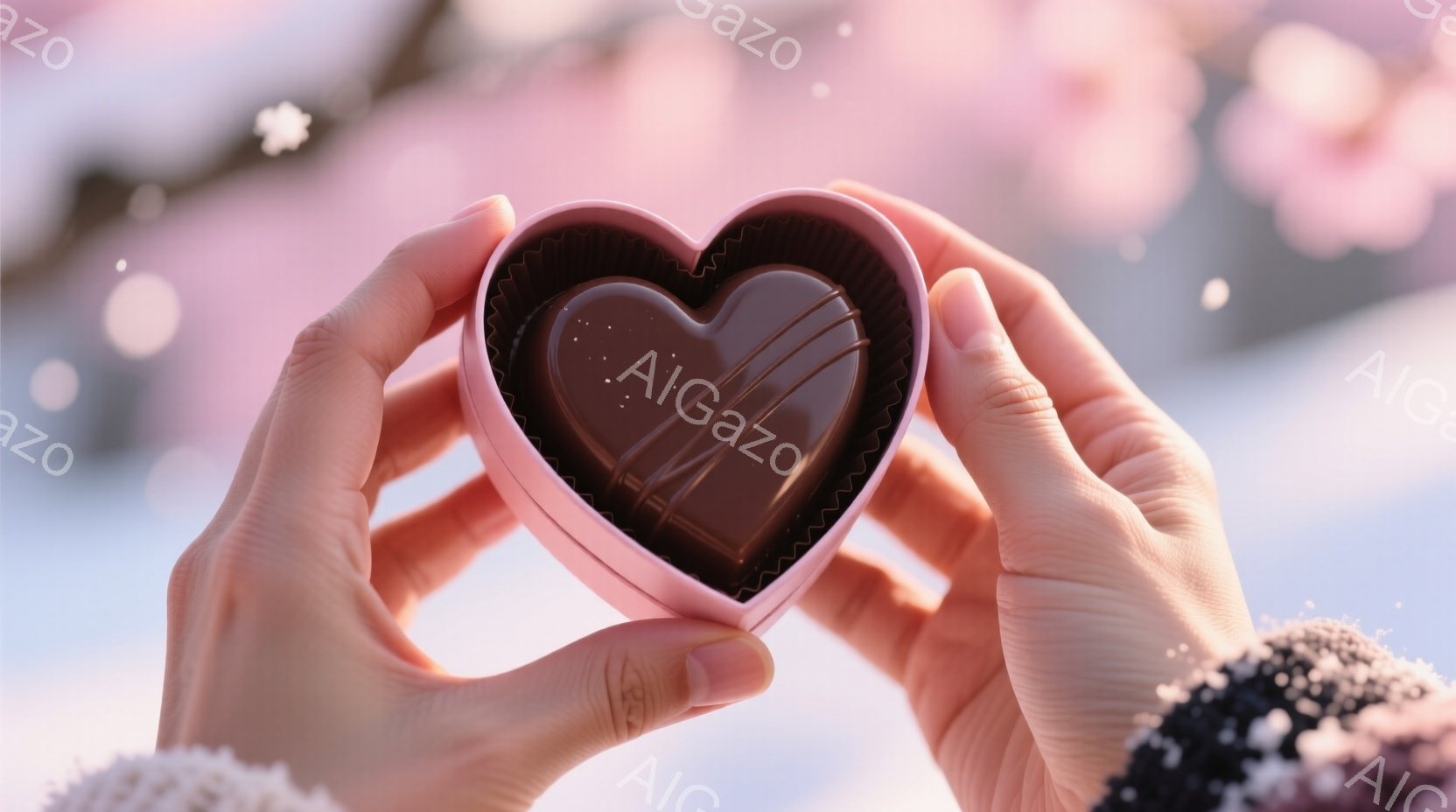 誰かの手が、ピンク色のハート型の箱に入ったチョコレートを握っています。背景はぼやけたピンク色の花びらで、春の暖かくロマンチックな雰囲気を醸し出しています。箱の周りには、白い毛皮のような素材の袖が見え、 - AI生成フリー素材