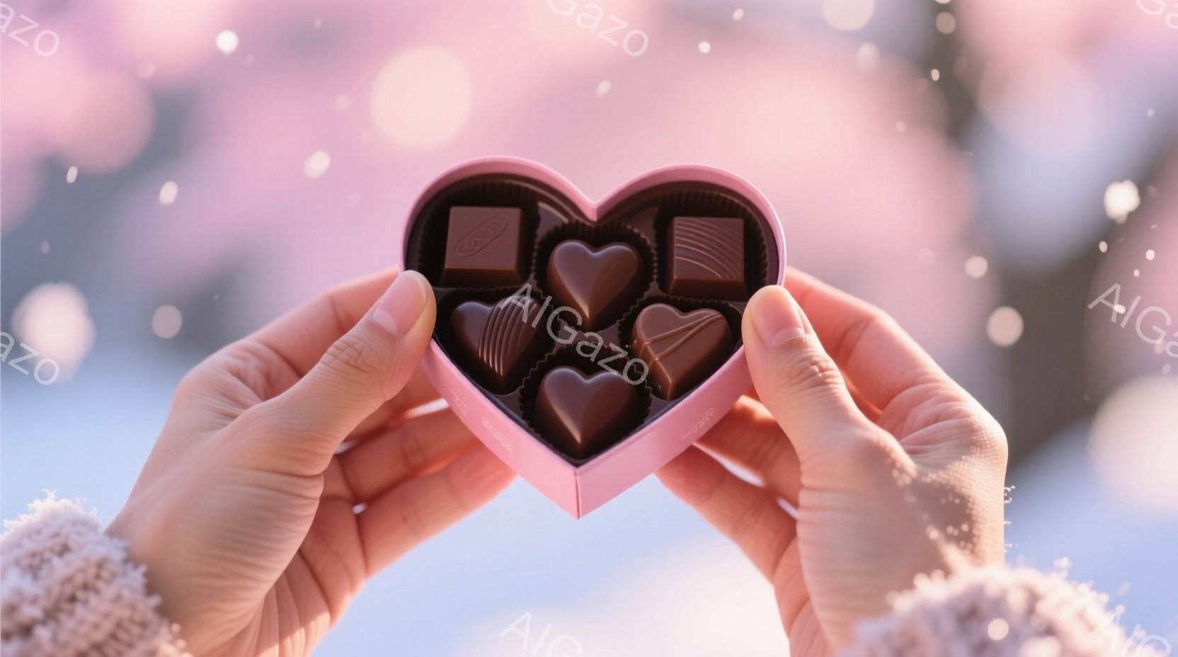 ピンク色のハート型の箱が、手のひらで優しく抱えられています。箱の中には、様々な形のチョコレートが並んでおり、甘い香りが漂ってくるようです。背景はぼやけており、ピンク色の光が舞い散る冬の日の、ロマンチックで温かい雰囲気が感じられます。