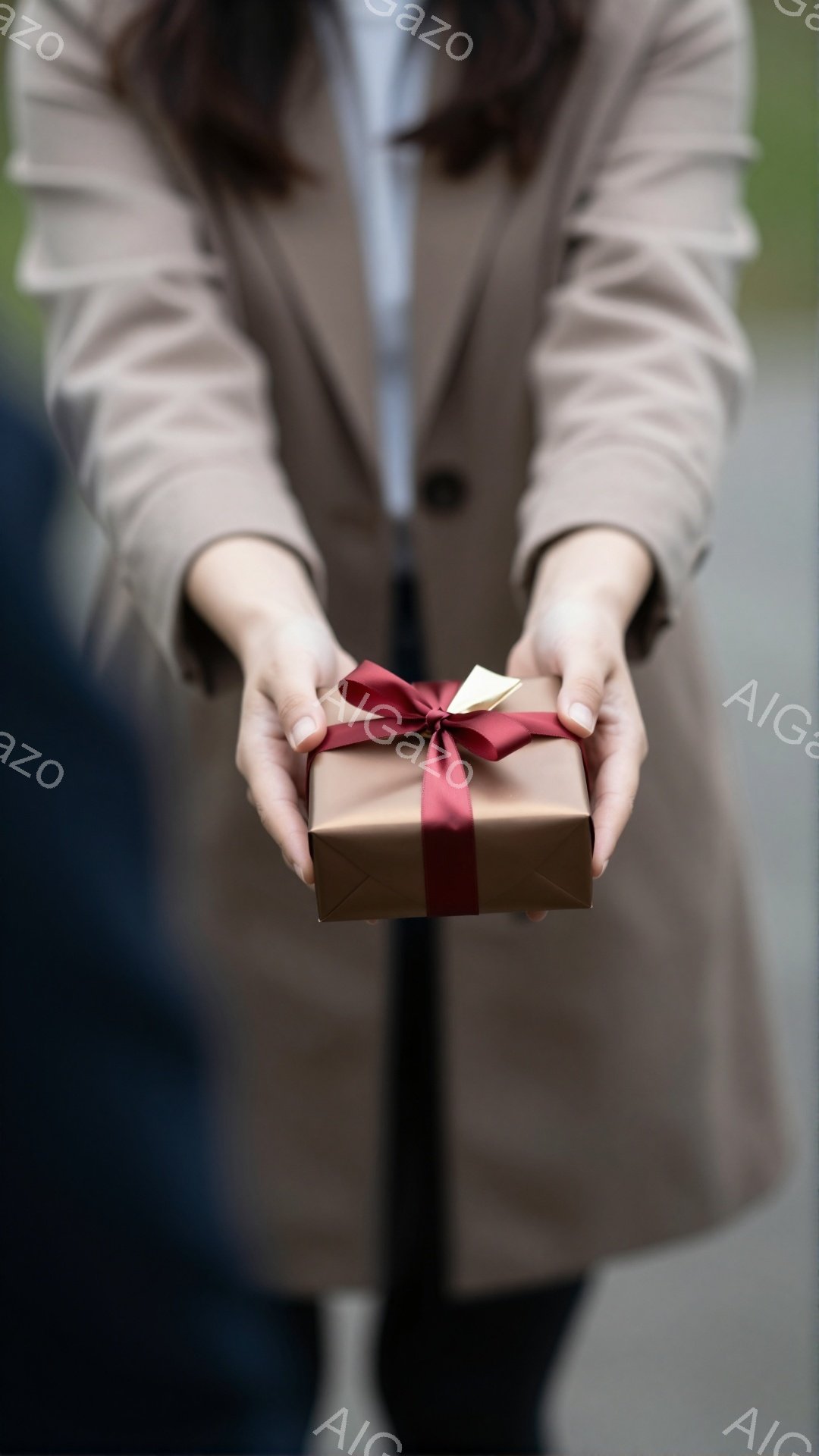 ベージュ色のコートを着た人物が、両手を前に差し出し、茶色の包装紙で丁寧に包まれた小さなギフトボックスを提示している。リボンは深みのある赤色で、ギフトボックスに上品さを添えている。背景はぼやけており、人物に焦点が当てられており、落ち着いた雰囲気と贈り物への期待感を演出している。