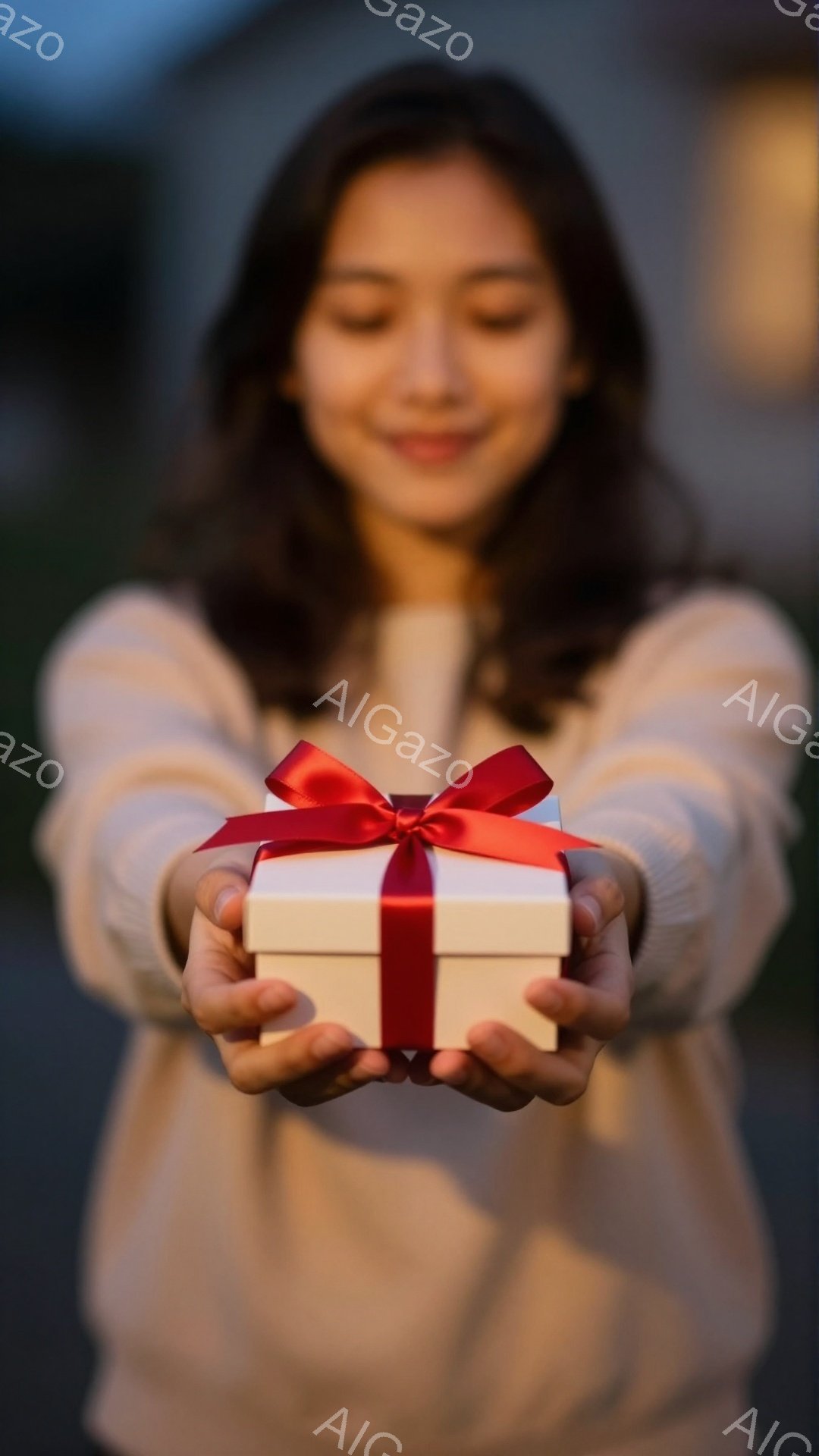 長い茶色の髪をした女性が、両手で白いリボンで結ばれた小さな白い箱を差し出しています。彼女は優しい笑顔を見せ、柔らかいベージュ色のセーターを着ています。背景はぼやけており、おそらく夕暮れ時の建物や自然が - AI生成フリー素材