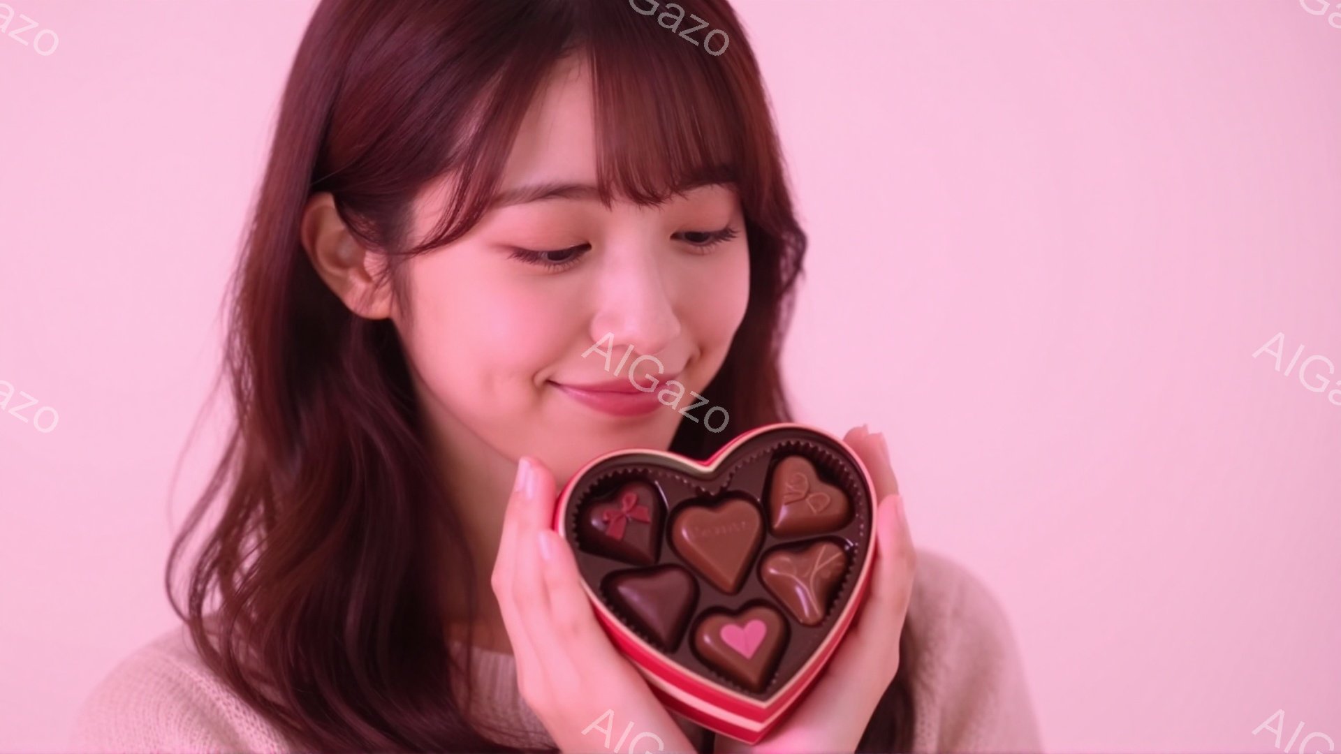 長い茶色の髪を持つ若い女性が、ハート型の赤いチョコレートの箱を両手で抱えています。彼女は柔らかい笑顔を浮かべ、少し下を向いてチョコレートを見つめており、ニット素材の薄いピンク色のセーターを着ています。背景はぼやけていますが、全体的に温かく、甘い雰囲気が漂っています。