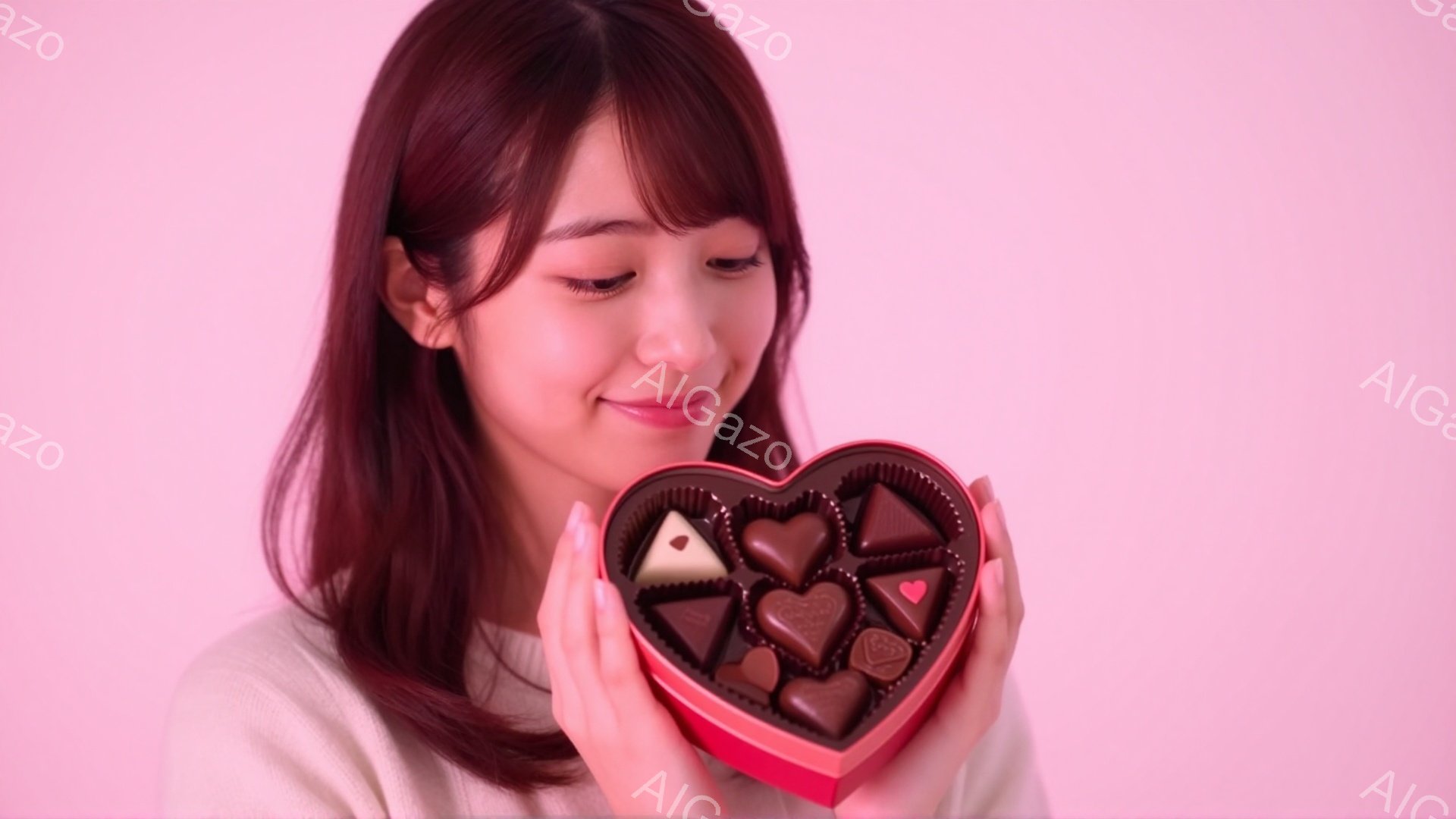 長い茶色の髪を下ろした若い女性が、赤いハート型のチョコレートボックスを両手で大切そうに抱えています。彼女はオフホワイトのセーターを着ており、優しい微笑みを浮かべています。背景は淡いピンク色で、全体的に - AI生成フリー素材