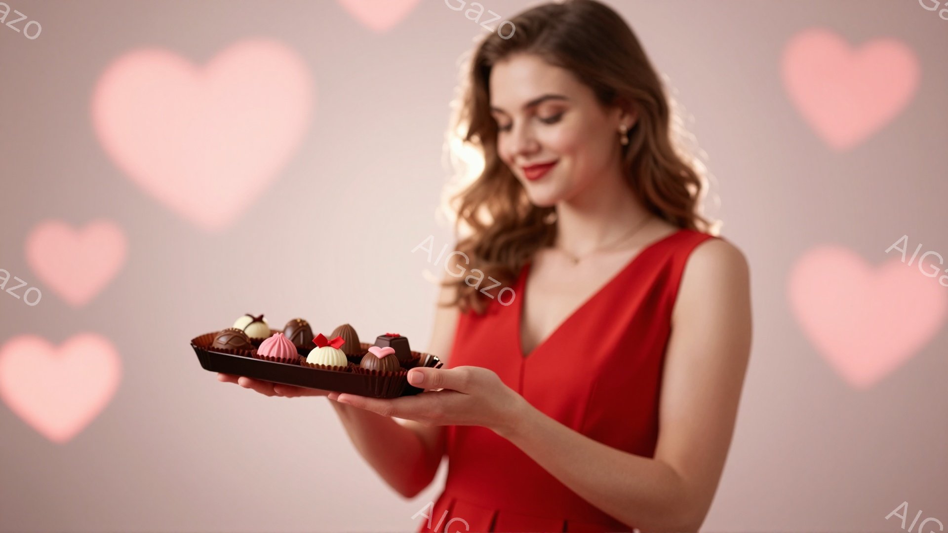 赤いワンピースを着た女性が、チョコレートの盛り合わせを両手で携えている。彼女は少し微笑み、髪はゆるやかにカールしている。背景にはぼやけたハート型の光があり、全体的にロマンチックで甘い雰囲気を醸し出して - AI生成フリー素材