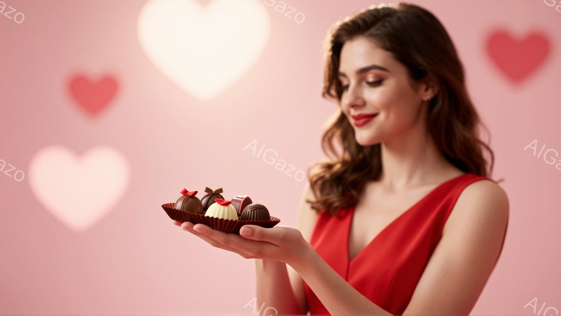 明るい赤色のドレスを着た女性が、片手にチョコレートが並んだトレーを持っている。彼女は少し微笑み、チョコレートを見つめている。背景はぼやけたピンク色で、ハート型の光のぼかしがいくつかあり、ロマンチックで甘い雰囲気を醸し出している。