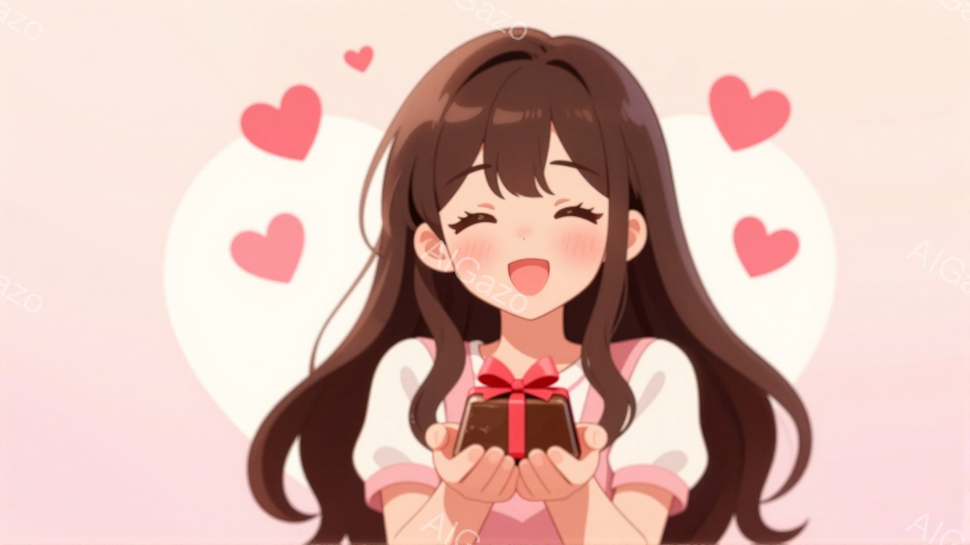 茶色の長い髪の少女が、両手を広げて小さな赤いリボンのかかった茶色の箱を抱えています。彼女はピンク色のブラウスと白いスカートを着ており、頬は赤く、笑顔でとても幸せそうです。背景は淡いピンク色で、周囲にはハートが舞っており、温かくロマンチックな雰囲気です。