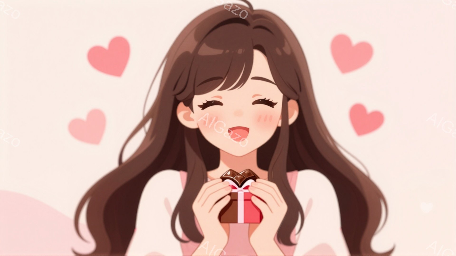 長い茶色の髪を持つ若い女性が描かれています。彼女はピンク色の服を着て、両手で赤いリボンで結ばれたチョコレートの箱を抱えています。背景は淡いピンク色で、ハート型の模様が散りばめられており、彼女の頬は赤く - AI生成フリー素材
