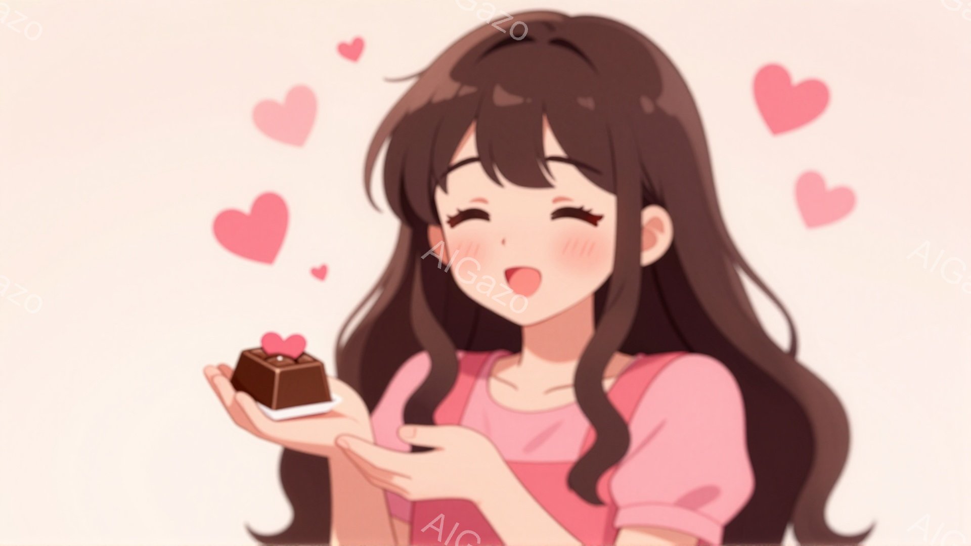 長い茶色の髪を持つ若い女性が、ピンク色のトップスを着て、両手にチョコレートのケーキを抱えています。彼女は目を閉じ、幸せそうに微笑んでおり、周囲にはハートのイラストが散りばめられています。全体的に、甘くてロマンチックな雰囲気を醸し出しています。