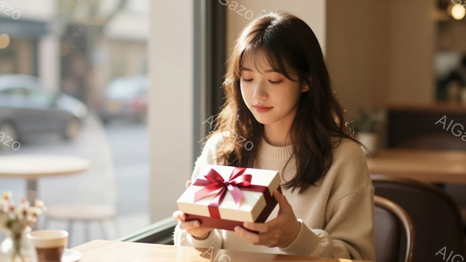 長い茶髪を耳にかける女性が、リボンのかかったギフトボックスを両手で抱えています。彼女はベージュ色のセーターを着ており、穏やかな微笑みを浮かべています。背景にはカフェのインテリアと、ぼやけた街並みが見え - AI生成フリー素材