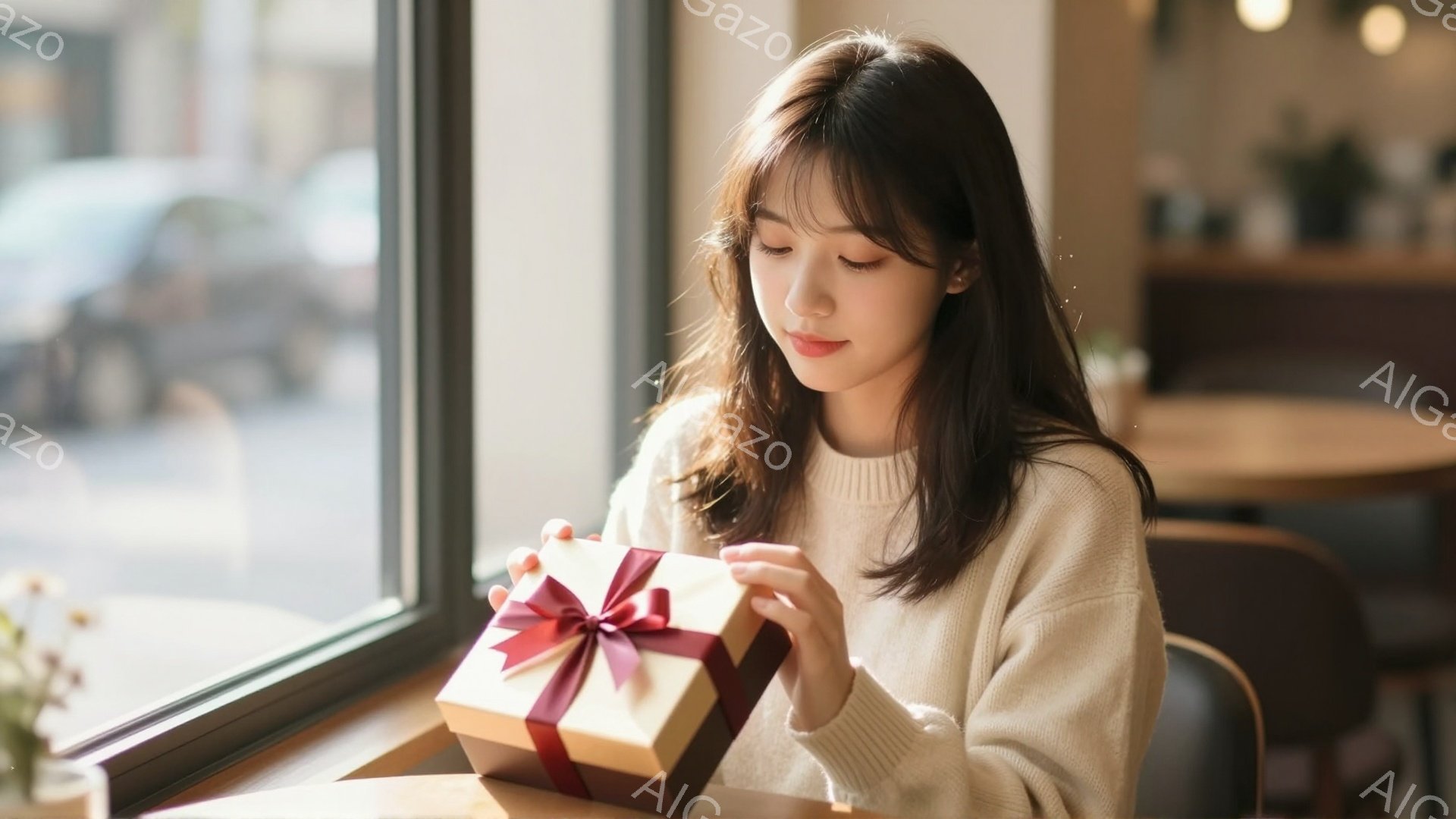 明るい髪の女性が、赤いリボンで結ばれたギフトボックスを両手で抱えています。彼女はオフホワイトのセーターを着ており、少し微笑んでいます。背景には窓の外の街並みが見え、カフェのような落ち着いた雰囲気の中で、プレゼントを開ける瞬間を捉えています。