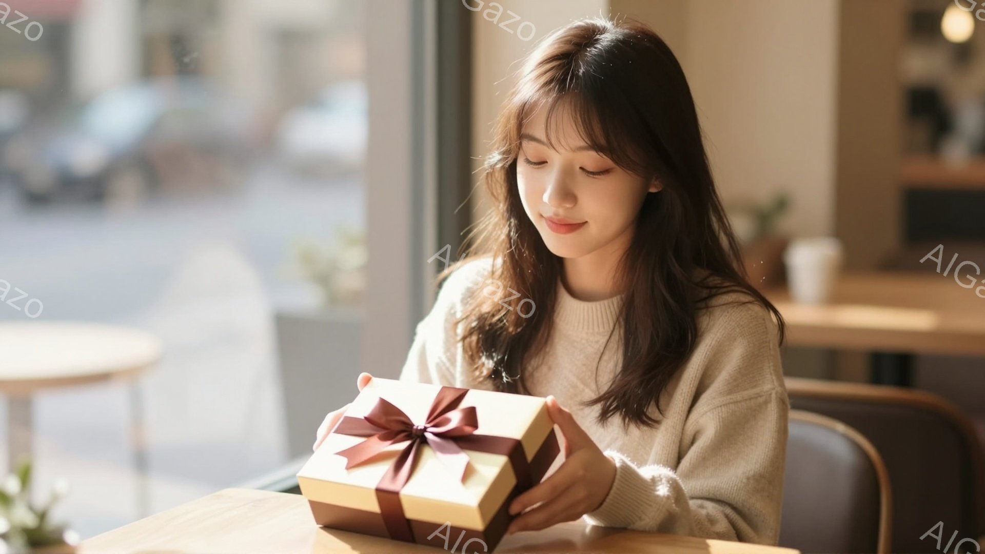 明るい茶色の髪を肩まで伸ばした若い女性が、茶色の包装紙とリボンで飾られた箱を両手で抱えています。彼女はベージュ色のセーターを着ており、微笑みを浮かべた優しい表情をしています。背景には、窓から差し込む光 - AI生成フリー素材