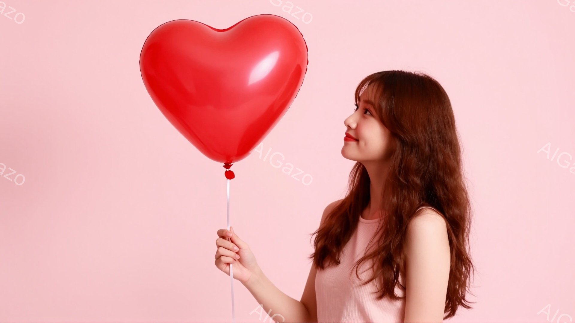 長い茶色の髪を持つ女性が、赤いハート型の風船を持っています。彼女は薄いピンク色の服を着ており、少し上を見上げて微笑んでいます。背景は淡いピンク色で、全体的に柔らかくロマンチックな雰囲気です。 - AI生成フリー素材