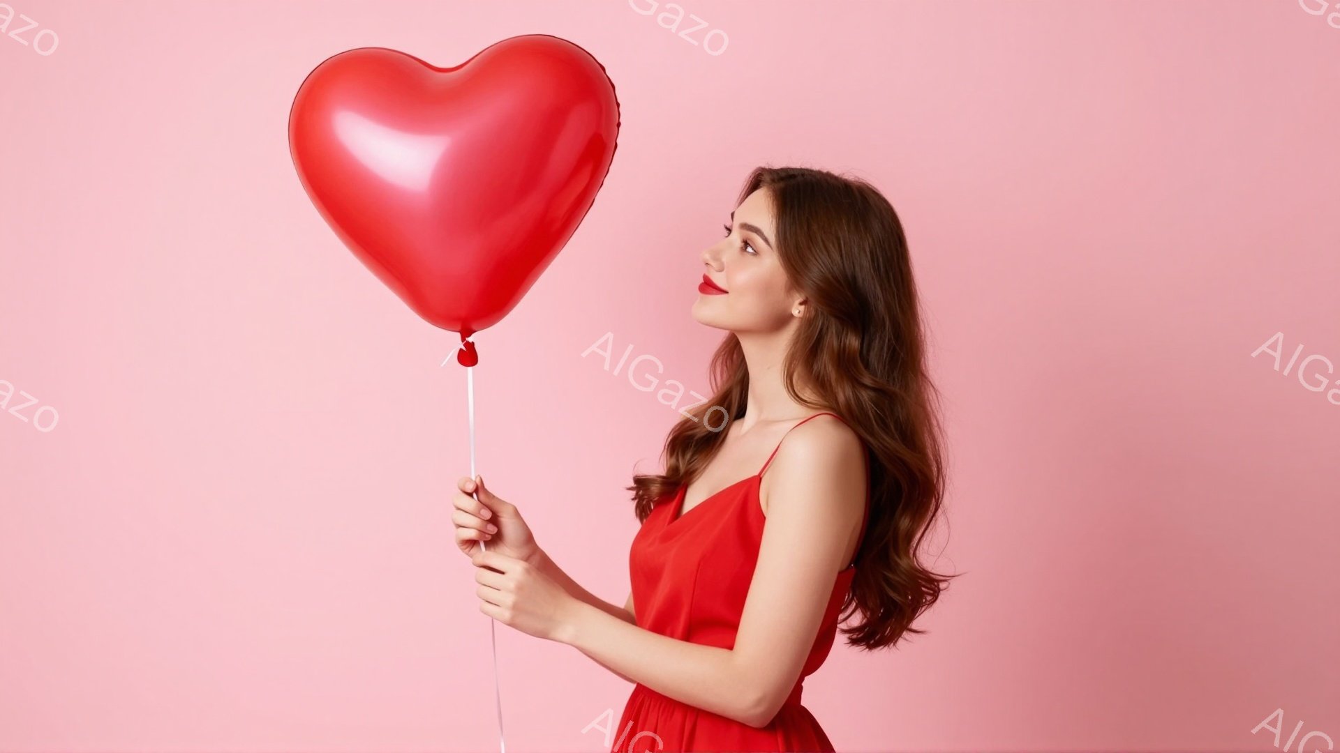 赤いワンピースを着た女性が、ハート型の赤い風船を持っています。彼女は少し上目線で風船を見て微笑んでおり、髪はゆるくウェーブがかかっています。背景は明るいピンク色で、全体的にロマンチックで優しい雰囲気で - AI生成フリー素材