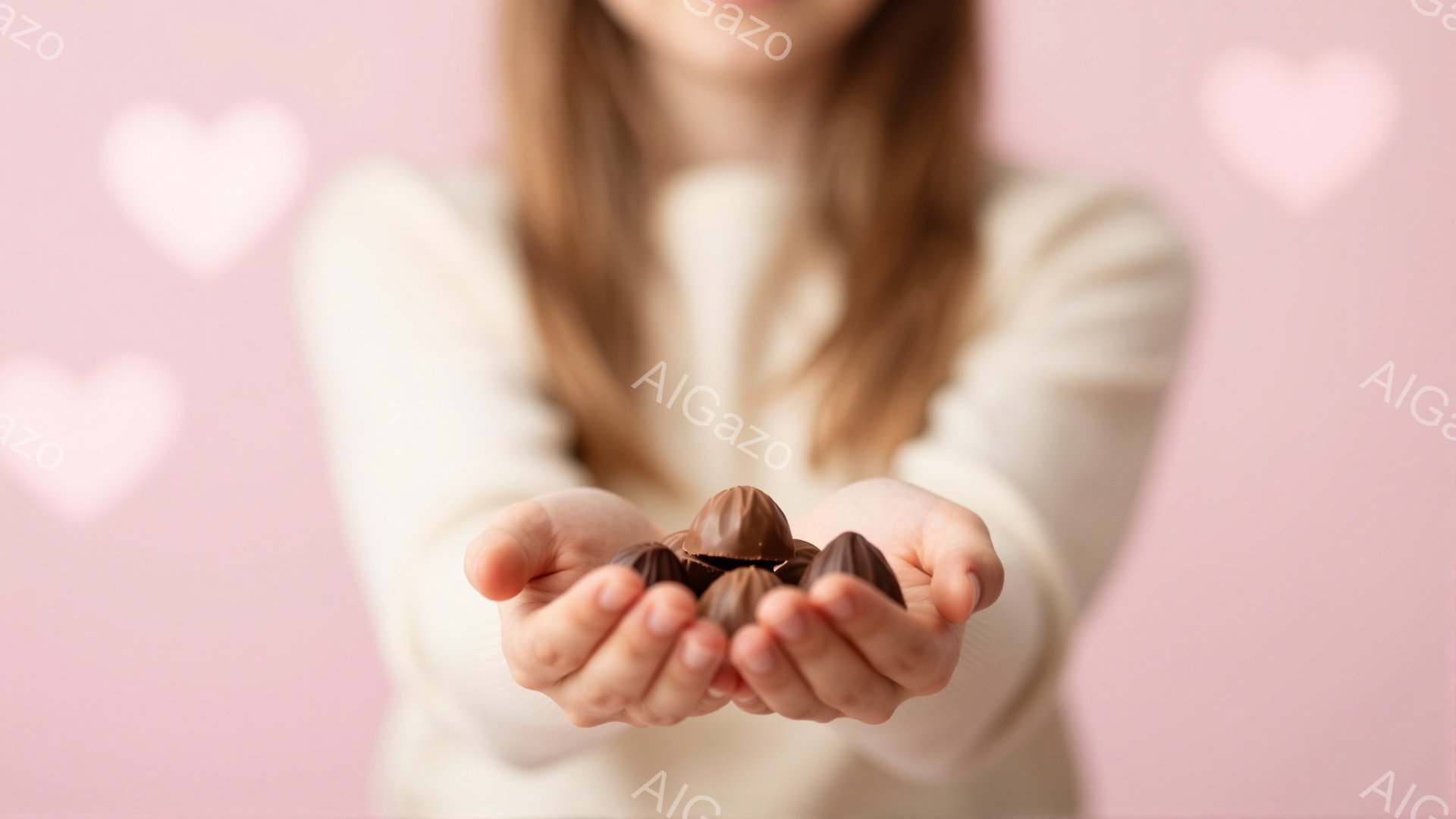 柔らかいクリーム色のセーターを着た女性が、手のひらにチョコレートをいくつか乗せて差し出しています。背景は淡いピンク色で、ぼやけたハート型の模様が散りばめられており、ロマンチックな雰囲気を醸し出しています。焦点はチョコレートに合っており、女性の表情ははっきりとは見えませんが、温かい気持ちが伝わってきます。