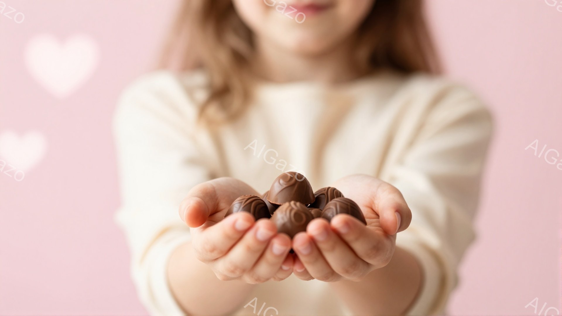 薄いピンク色の背景を背景に、女性が両手にチョコレートを乗せて差し出している様子が写っている。彼女はクリーム色のセーターを着ており、髪は肩まで伸びている。背景にはぼやけたハート型の模様が見え、全体的に温 - AI生成フリー素材