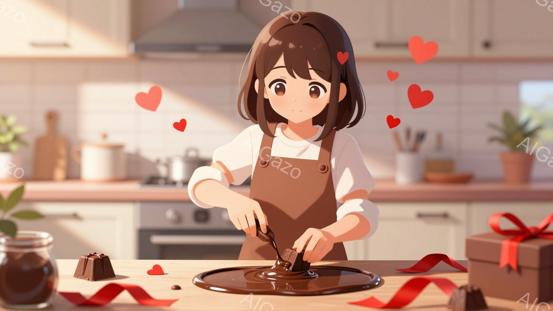 茶色の髪を肩のあたりで切り揃えた女性が、エプロンを着てキッチンでチョコレートを溶かしている。彼女は微笑んでおり、チョコレートを混ぜる動作をしており、リボンとチョコレートのお菓子がテーブルに並んでいる。背景にはキッチン用品や植物が見え、温かく穏やかな雰囲気が漂っている。