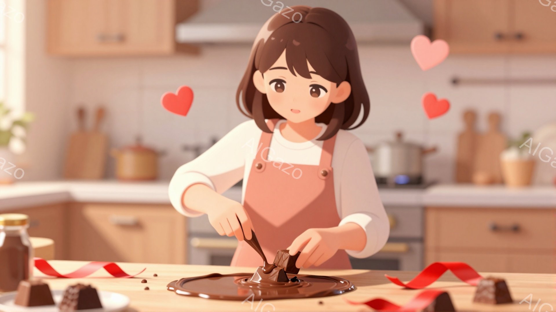茶髪の少女がキッチンでチョコレートを混ぜています。白い長袖シャツにピンクのエプロンを着用し、前髪を少しカールさせたヘアスタイルです。背景には木製のキャビネットや調理器具が見え、赤いリボンやチョコレートが散りばめられており、温かく優しい雰囲気が漂っています。