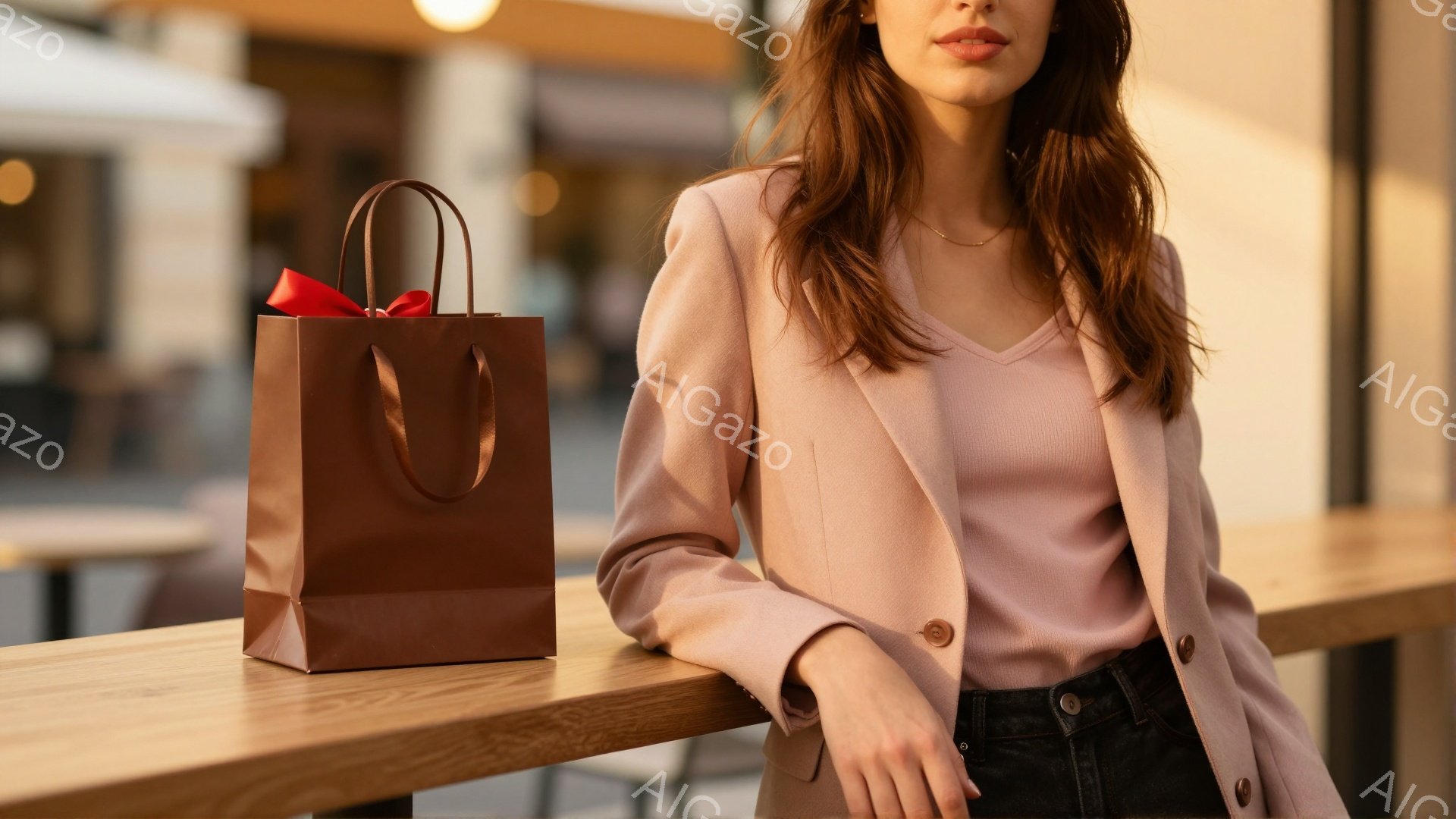 浅いピンク色のコートとリブニットのトップスを着た女性が、茶色の紙袋の横に肘をついて座っています。彼女は長い茶色の髪を持ち、わずかに微笑んでいます。背景には木製のテーブルと、ぼやけた街並みが見え、穏やか - AI生成フリー素材