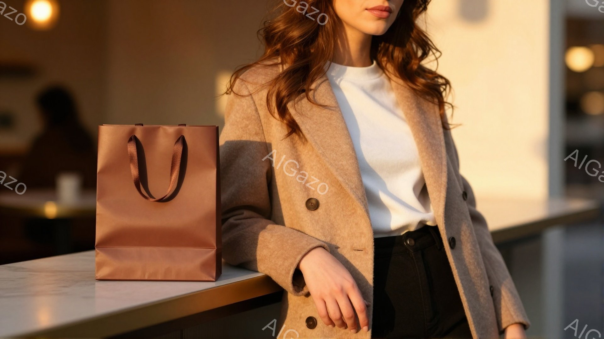 長い茶色の髪の女性が、ベージュ色のコートと黒いズボンを身に着けて、白い大理石のカウンターに肘をついて立っている。彼女は落ち着いた表情で、ショッピングバッグが彼女の隣に置かれている。背景にはぼやけた建物と、暖色系の光が差し込む夕暮れのような穏やかな雰囲気を感じさせる。