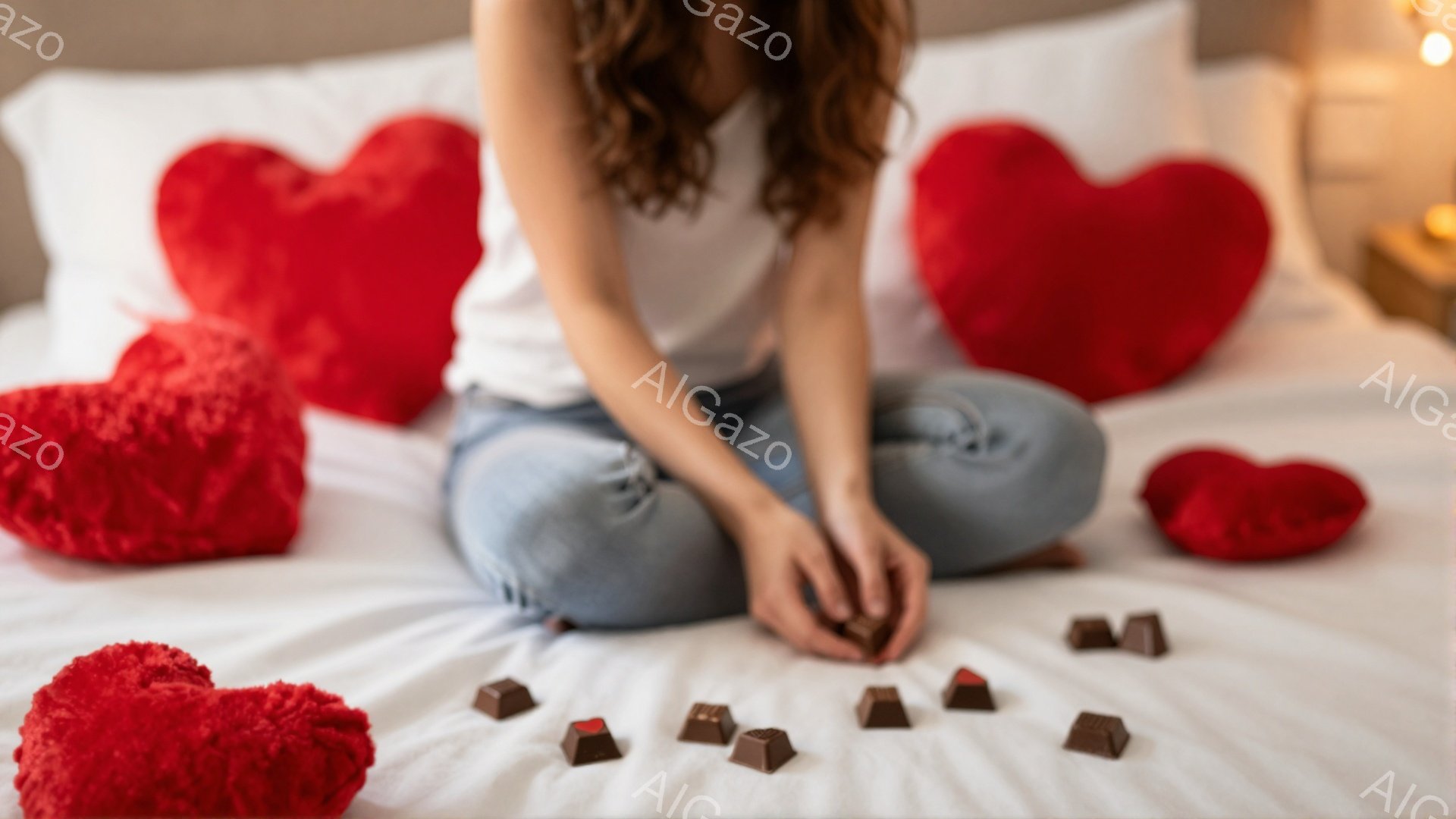 ベッドの上に座っている女性が、チョコレートを手に持っています。彼女は白いTシャツとジーンズを着ており、髪はゆるくカールしています。背景には赤いハート型のクッションがいくつかあり、全体的にロマンチックで - AI生成フリー素材