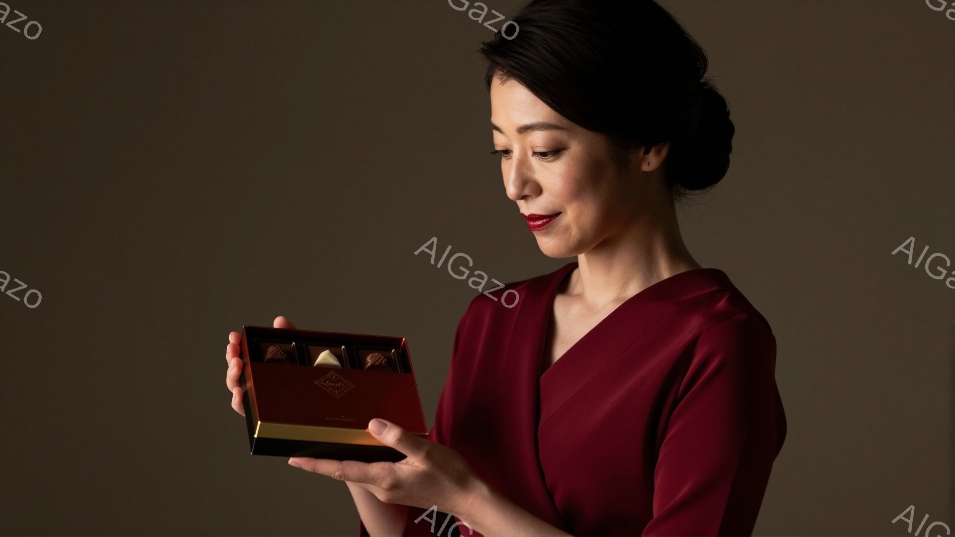 深紅色のドレスを身につけた女性が、同じく深紅色の箱に入ったチョコレートを両手で持っている。彼女は軽く微笑み、箱の中身を優しく見つめている。背景は暗い茶色で、全体的に洗練された、上品な雰囲気を醸し出して - AI生成フリー素材