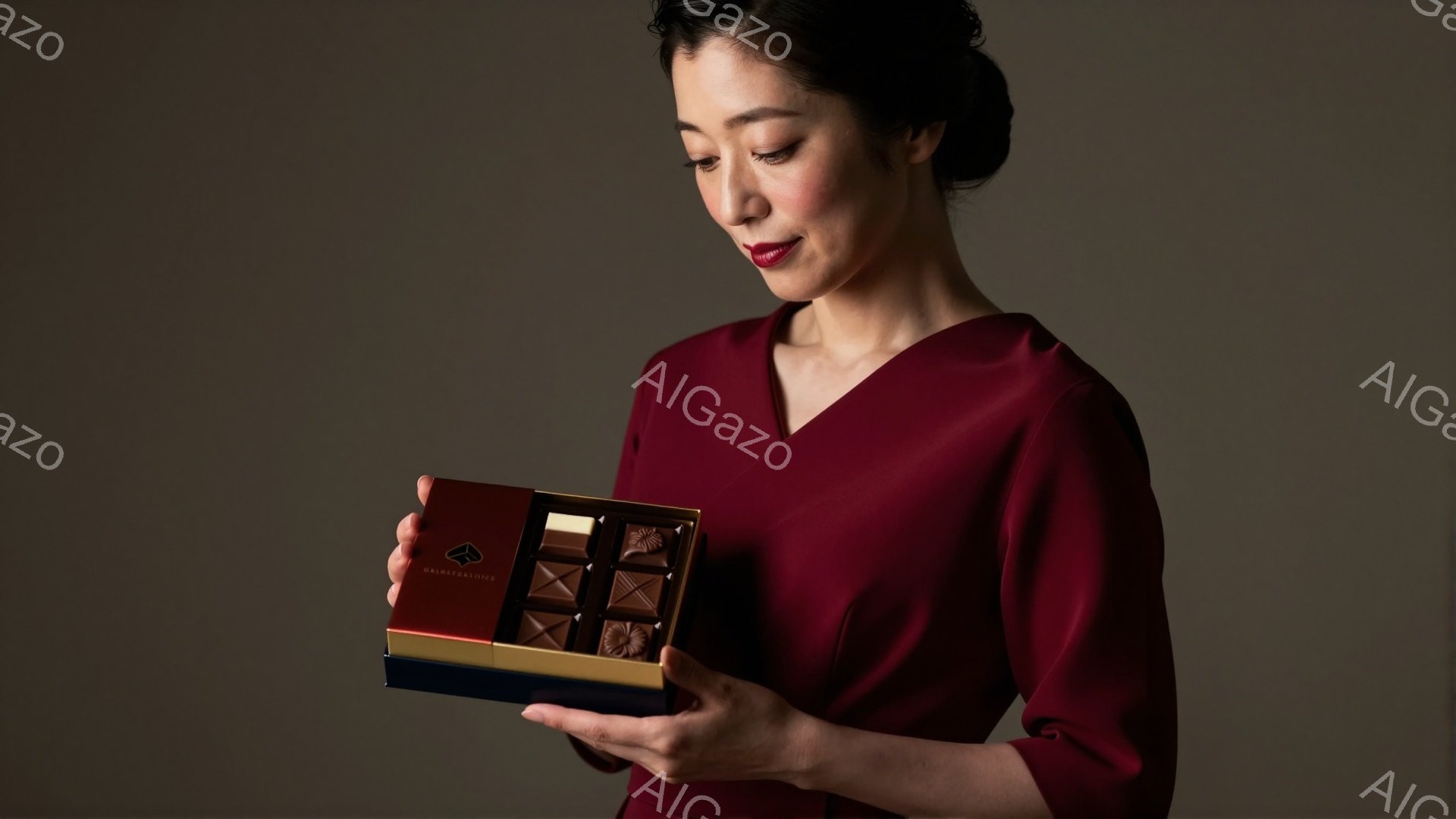 深紅色のドレスを着た女性が、青い箱に入ったチョコレートを見つめています。髪は後ろでまとめられ、表情は穏やかで微笑みをたたえています。背景は暗いグレーで、チョコレートが際立っており、洗練された雰囲気を醸し出しています。