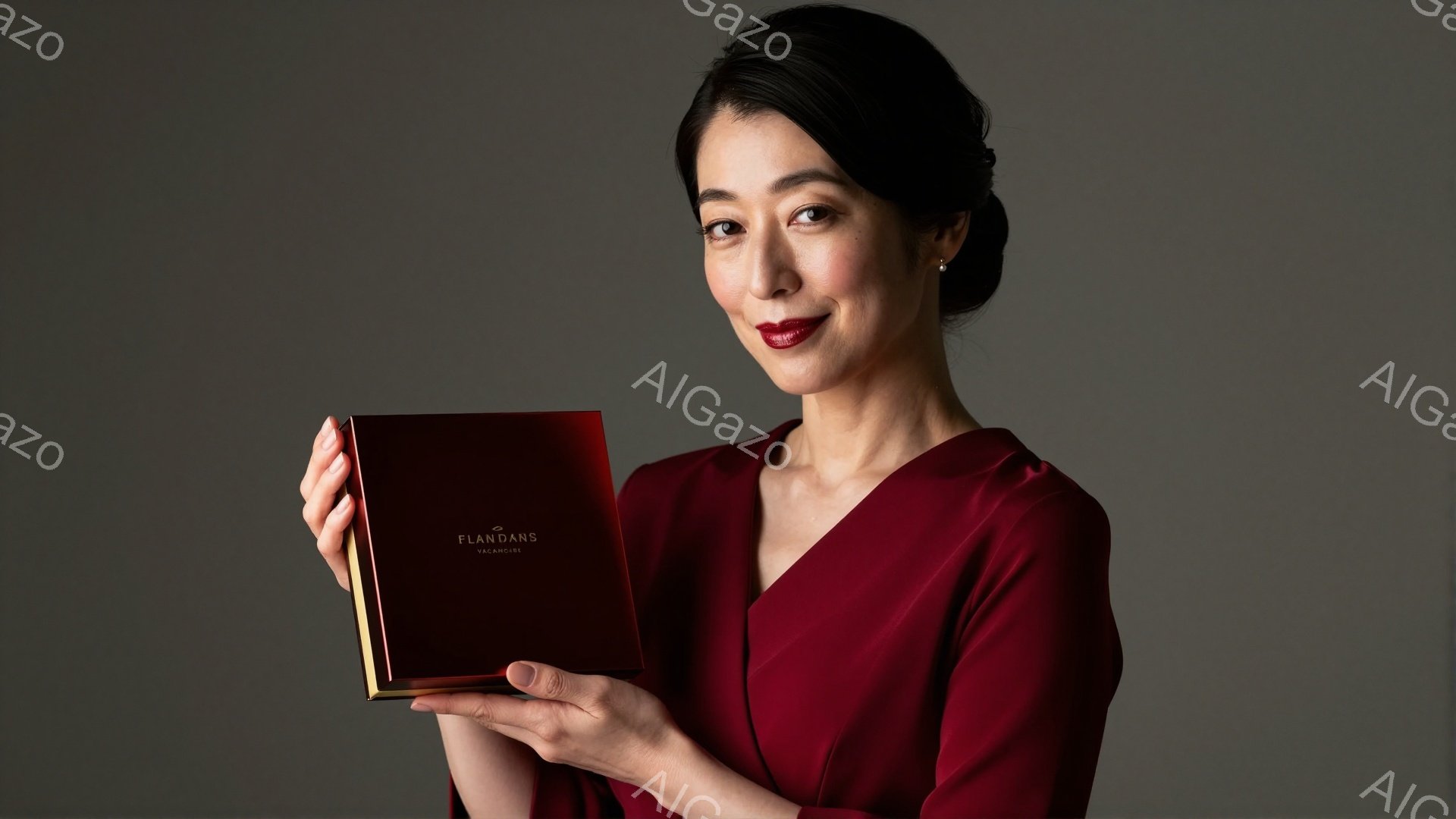 深紅色のブラウスを着た女性が、同じく深紅色の箱を正面に向けて持っている。彼女は髪を後ろでまとめ、微笑みを浮かべ、落ち着いた表情でこちらを見ている。背景は濃いグレーで、箱のブランド名「FLANDANS」 - AI生成フリー素材
