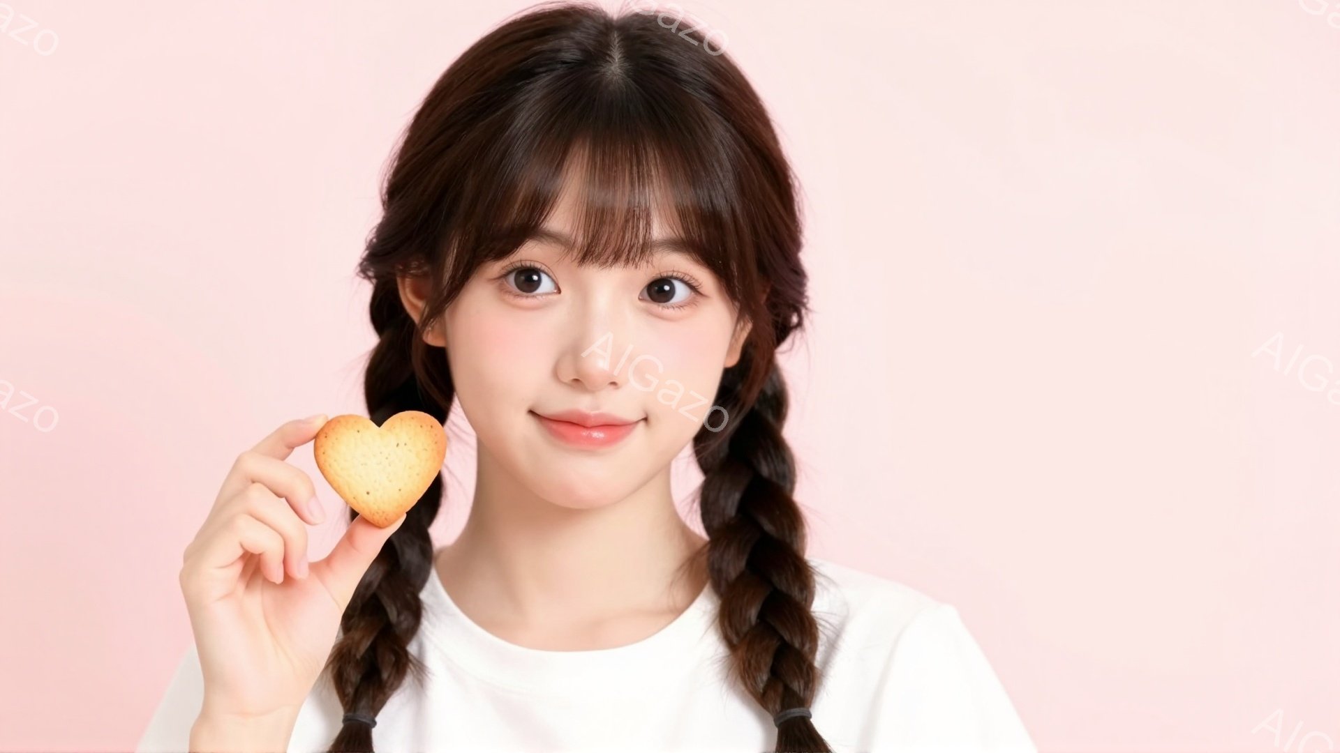 若い女性が、白いTシャツを着て、双子の三つ編みヘアにしています。彼女は笑顔で、片手にハート型のクッキーを持っています。背景は淡いピンク色で、全体的に明るく可愛らしい雰囲気です。 - AI生成フリー素材