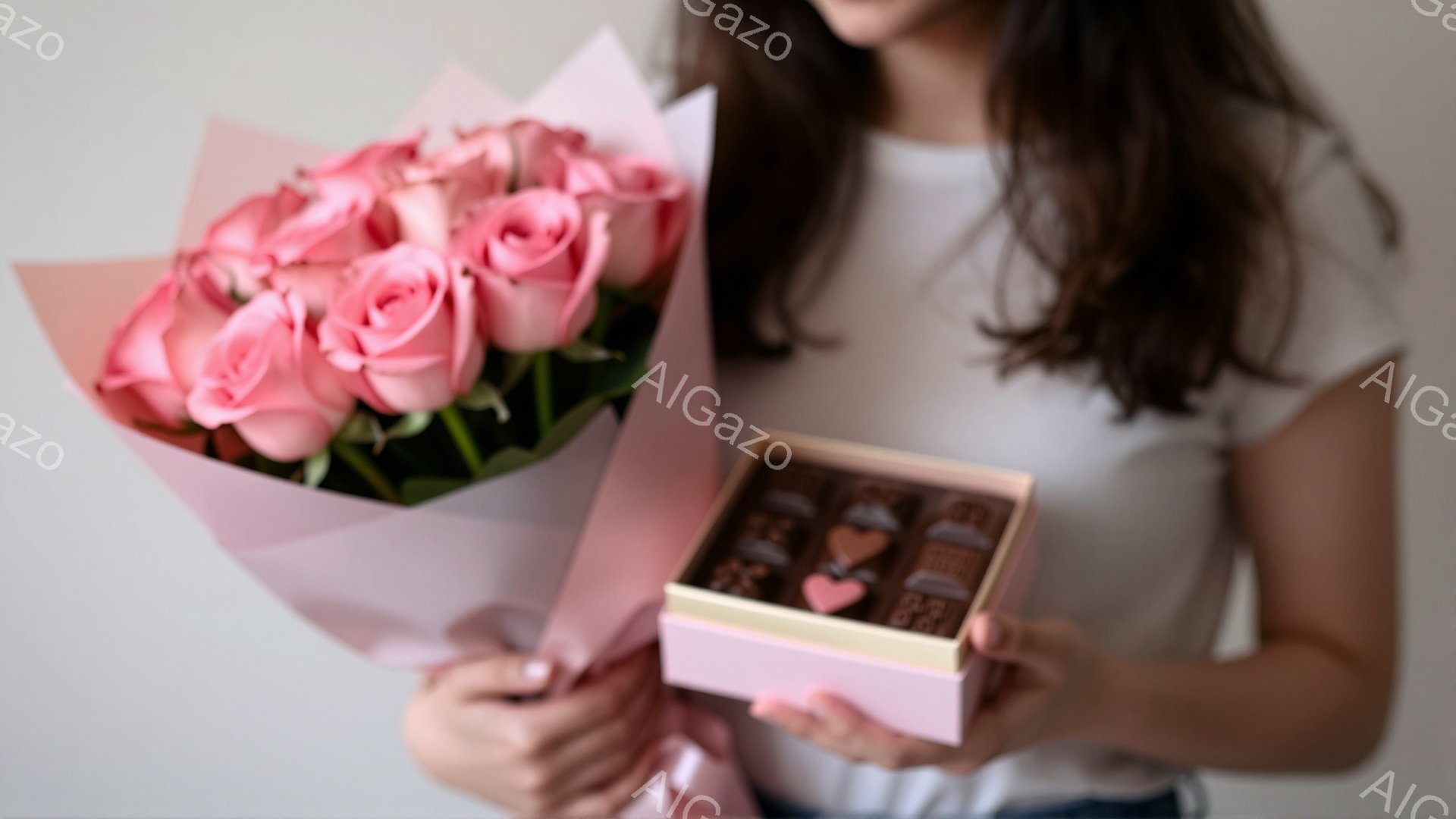 長い茶色の髪をした女性が、ピンク色のバラの花束とチョコレートの箱を手に持っています。彼女は白いTシャツとデニムの服を着ており、背景は白く、全体的に柔らかく優しい雰囲気です。チョコレートの箱は開いており、様々な種類のチョコレートが見えます。