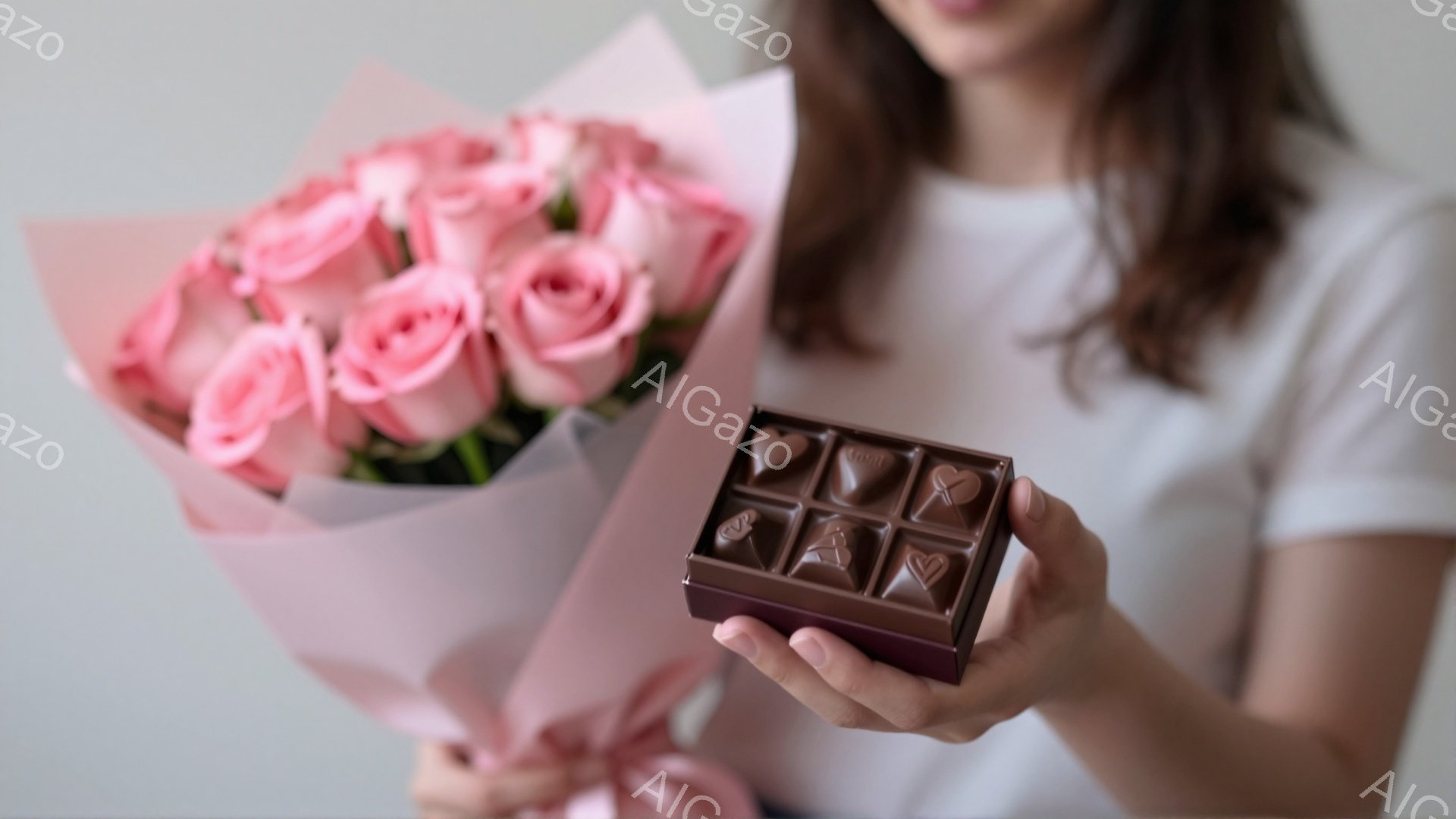 淡いピンク色のバラの花束とチョコレートの箱を女性が手に持っています。彼女は白いトップスを着ており、髪は後ろでまとめています。背景はぼやけており、柔らかくロマンチックな雰囲気を醸し出しています。