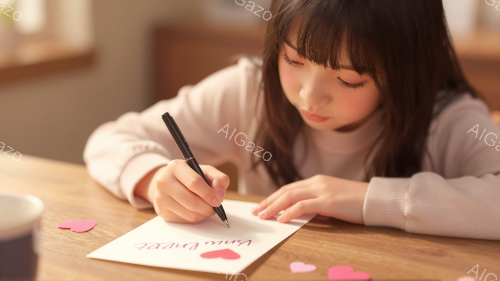 若い女性がテーブルに向かって何かを書き込んでいます。彼女は白いセーターを着ており、前髪を下ろした暗い髪をしています。背景には、小さな赤いハートが散らばり、優しい、温かい雰囲気が漂っています。 - AI生成フリー素材