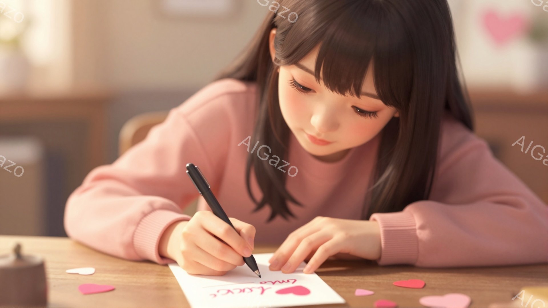 若い女性がテーブルに座り、白いカードに黒いペンで何かを書き込んでいます。彼女はピンク色のセーターを着ており、髪は肩のあたりで切り揃えられ、前髪が少し顔にかかっています。背景には小さなハート型の紙が散りばめられており、温かみのある柔らかい雰囲気です。