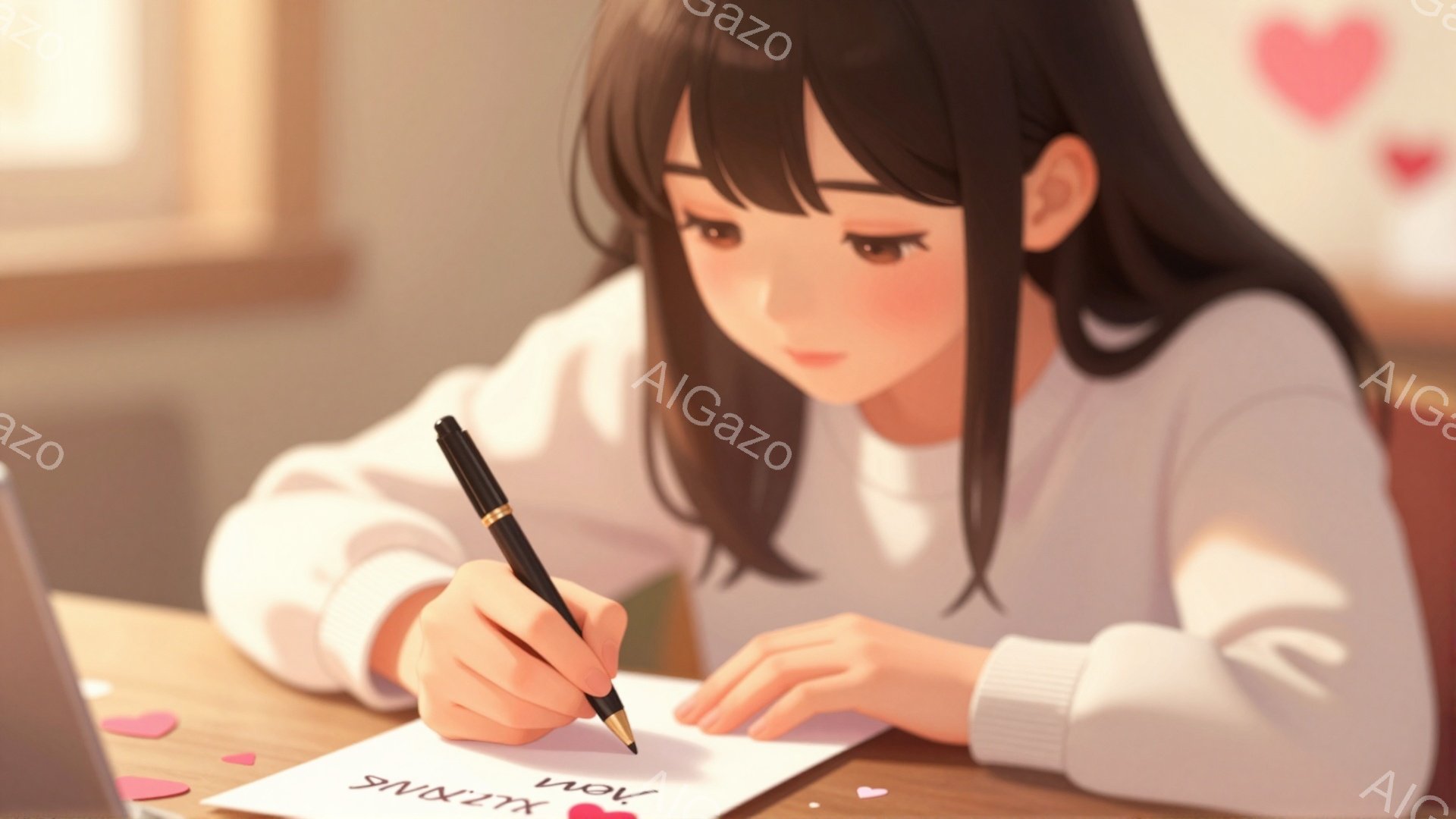 少女は白いセーターを着て、暗い髪を肩まで伸ばしています。彼女は机に向かって座り、ペンを使って何かを書いています。背景にはぼやけた部屋の一部が見え、赤いハート形の紙吹雪が散らばっており、ロマンチックで温かい雰囲気を醸し出しています。