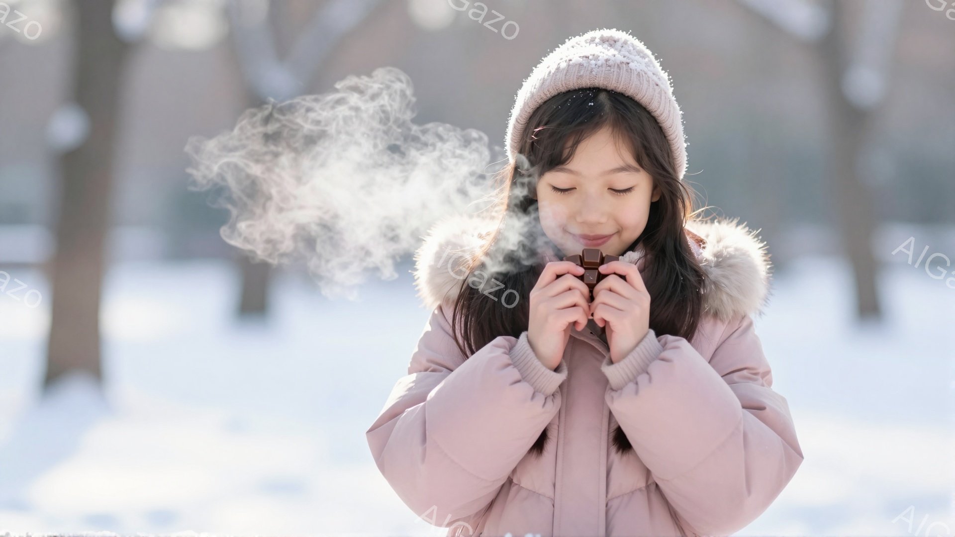 少女はピンク色のファー付きのコートとニット帽を着用し、両手で温かい飲み物を抱えています。彼女は目を閉じ、幸せそうな表情で湯気を味わっているようです。背景は雪景色で、ぼやけた木々が見え、冬の暖かく穏やかな雰囲気を醸し出しています。