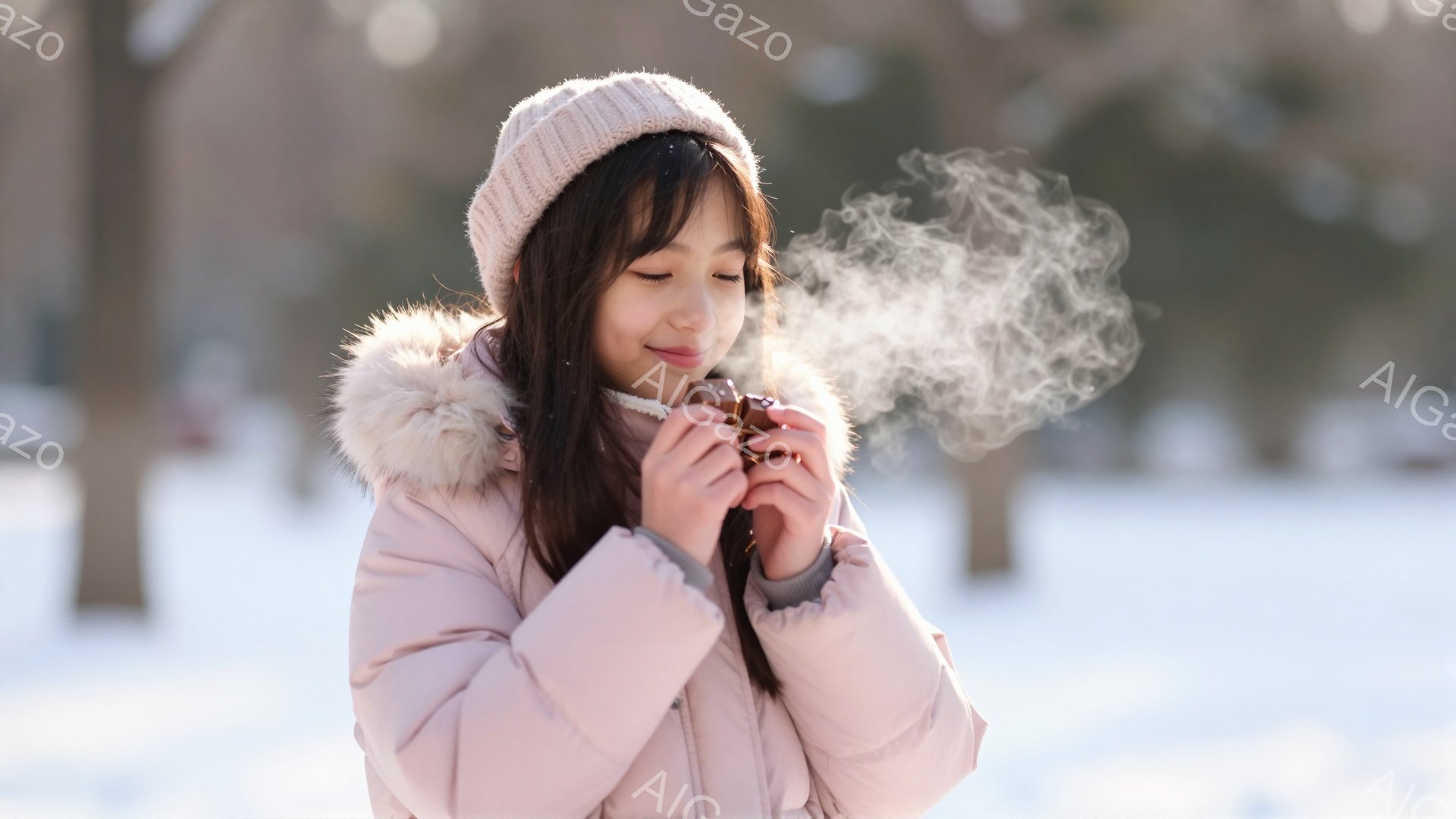 雪景色の中で、ピンクの冬用ジャケットとニット帽を着用した少女が、両手で温かい飲み物を抱えています。彼女は目を閉じ、ほのかに微笑み、立ち上る蒸気に包まれているように見えます。背景には雪に覆われた地面と、ぼんやりと見える木々があり、穏やかで冬らしい雰囲気を醸し出しています。